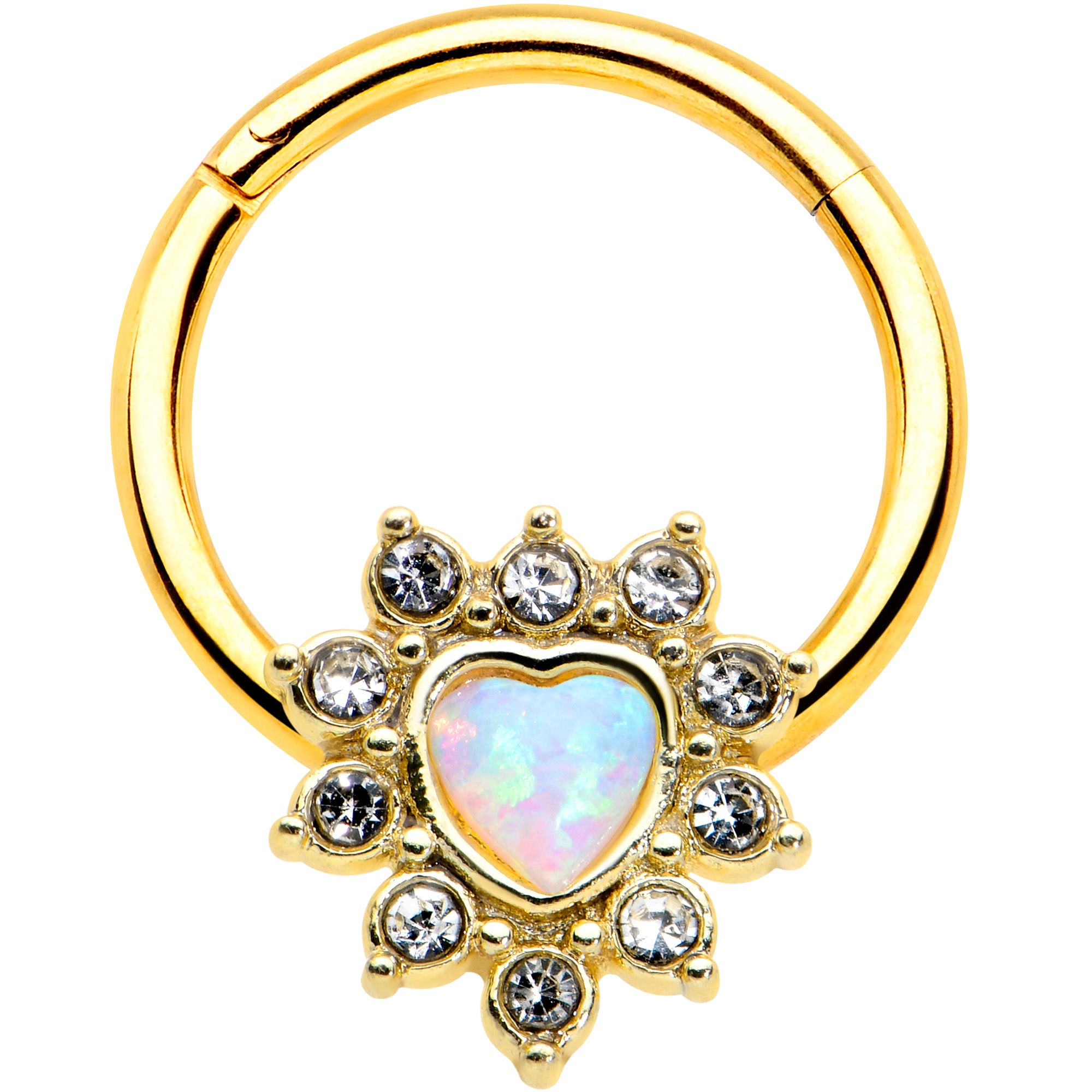 16 Gauge 3/8 White Faux Opal Gold Tone Sun Heart Hinged Segment Ring