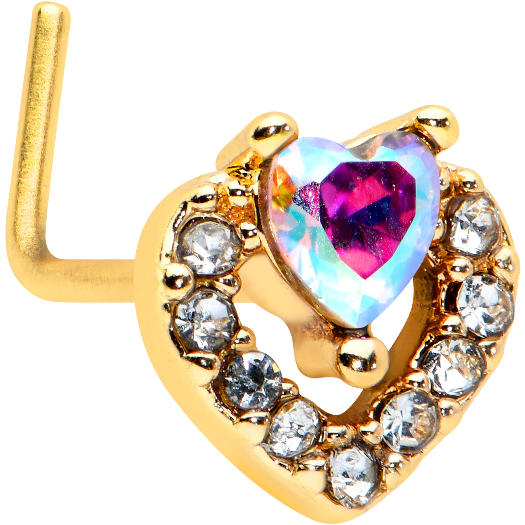 20 Gauge 1/4 Aurora Gem Gold Tone Rococo Heart L Shape Nose Ring