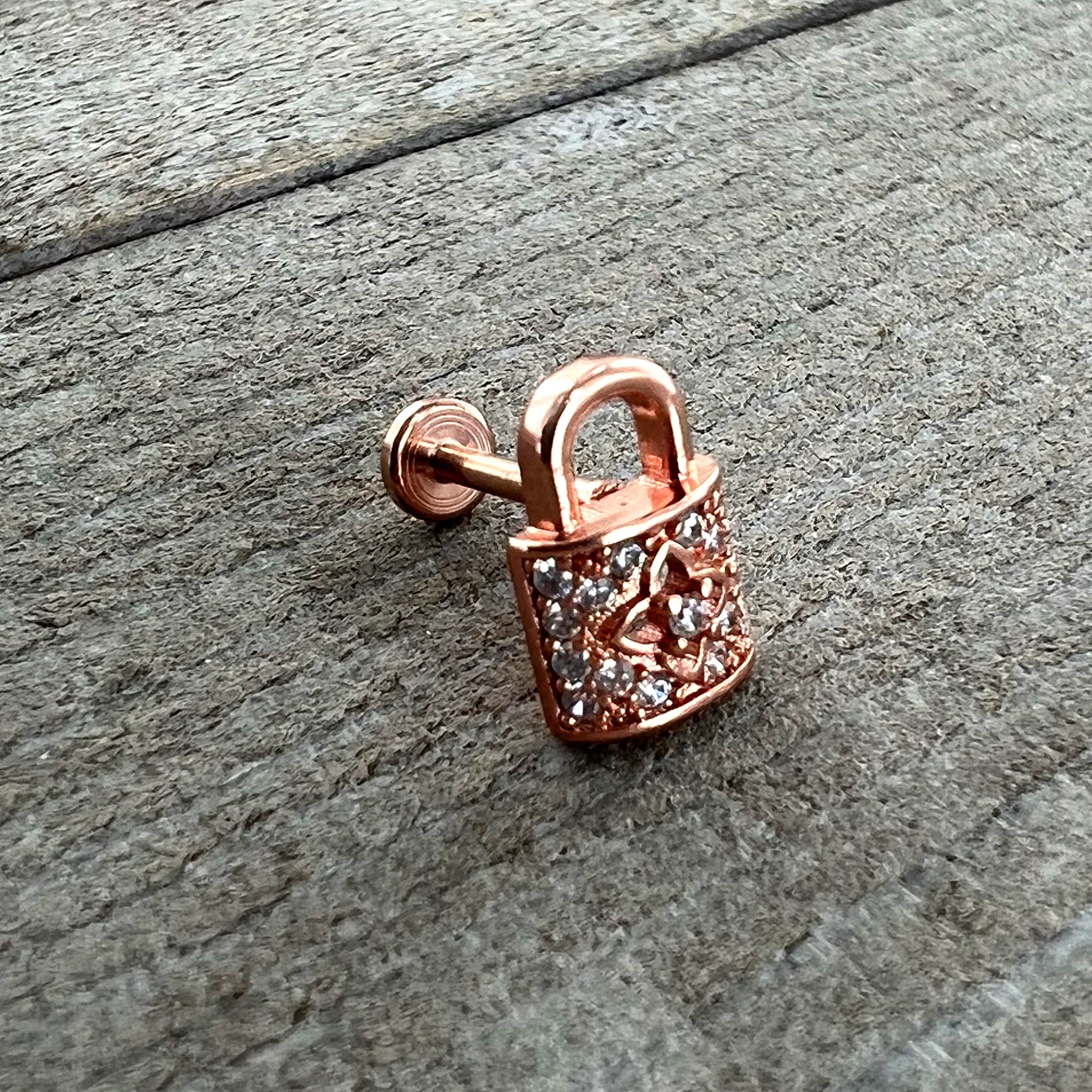 16 Gauge 1/4 Clear CZ Gem Rose Gold Tone Lock It Up Labret