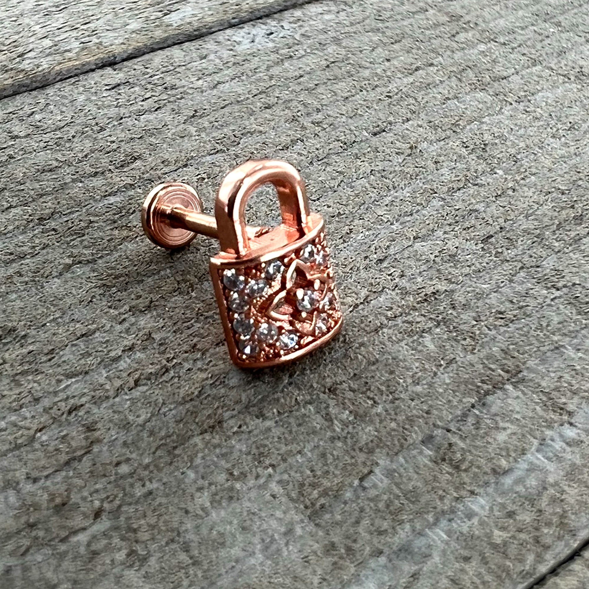 16 Gauge 5/16 Clear CZ Gem Rose Gold Tone Lock It Up Labret Tragus