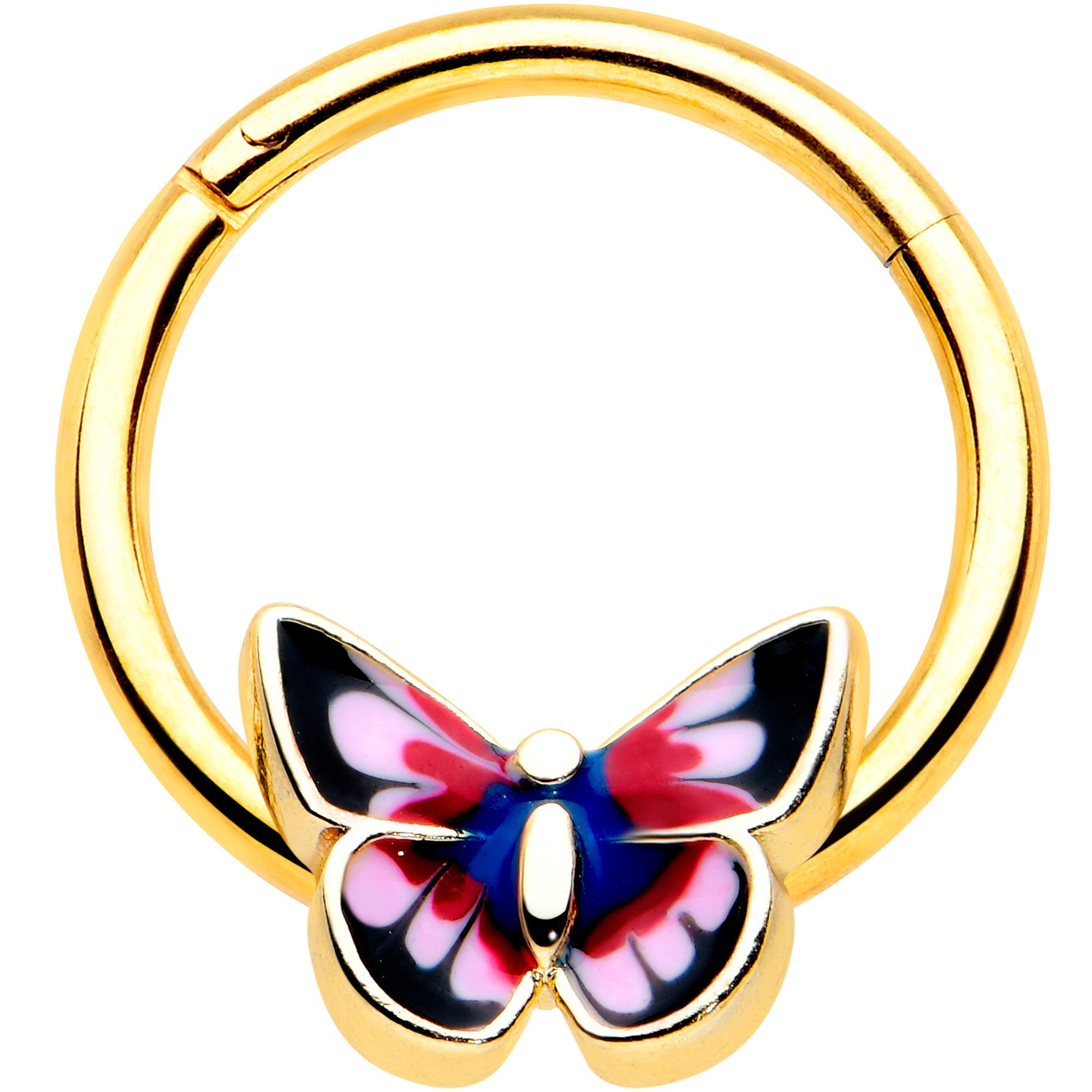 16 Gauge 3/8 Gold Tone Red Pink Blue Butterfly Hinged Segment Ring