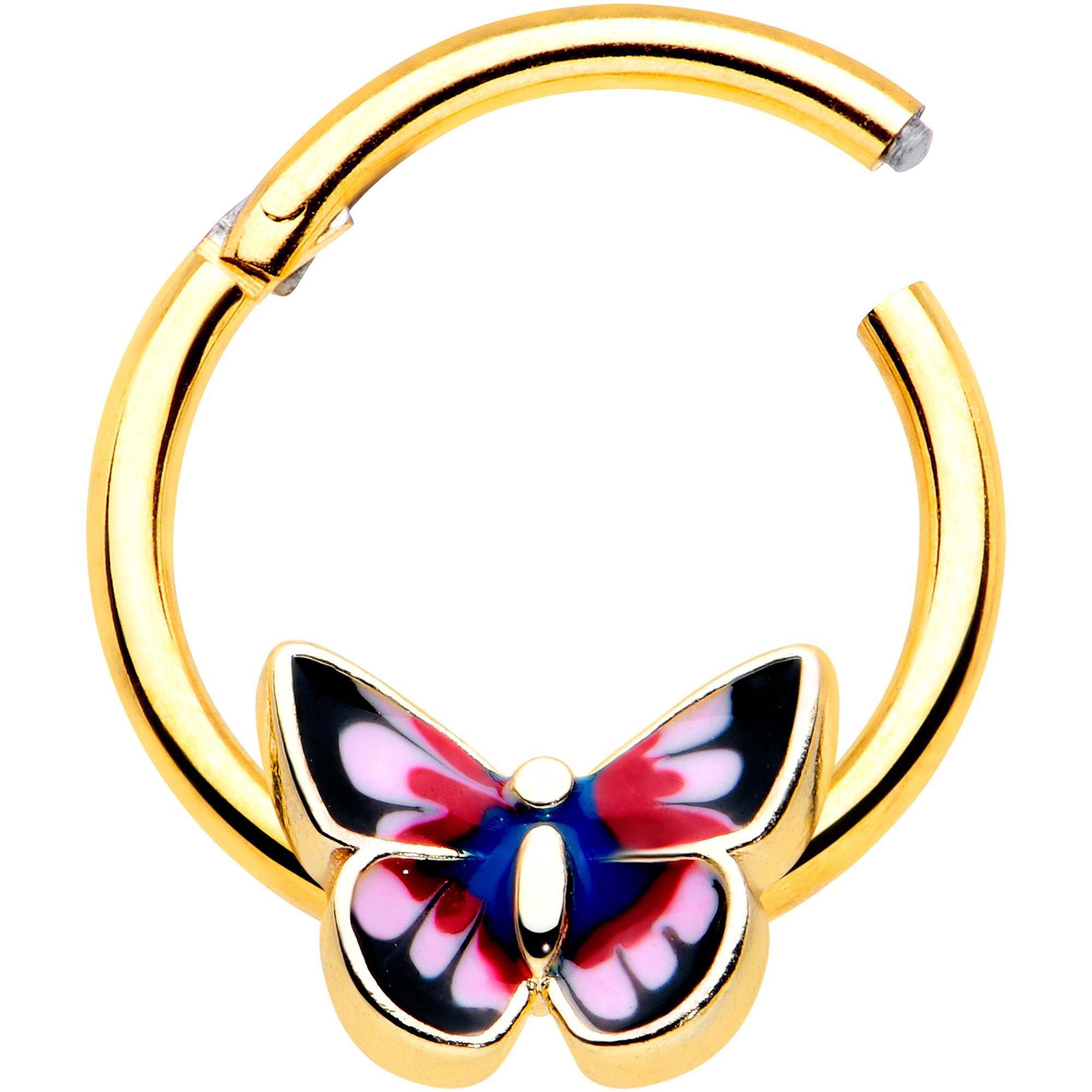 16 Gauge 3/8 Gold Tone Red Pink Blue Butterfly Hinged Segment Ring