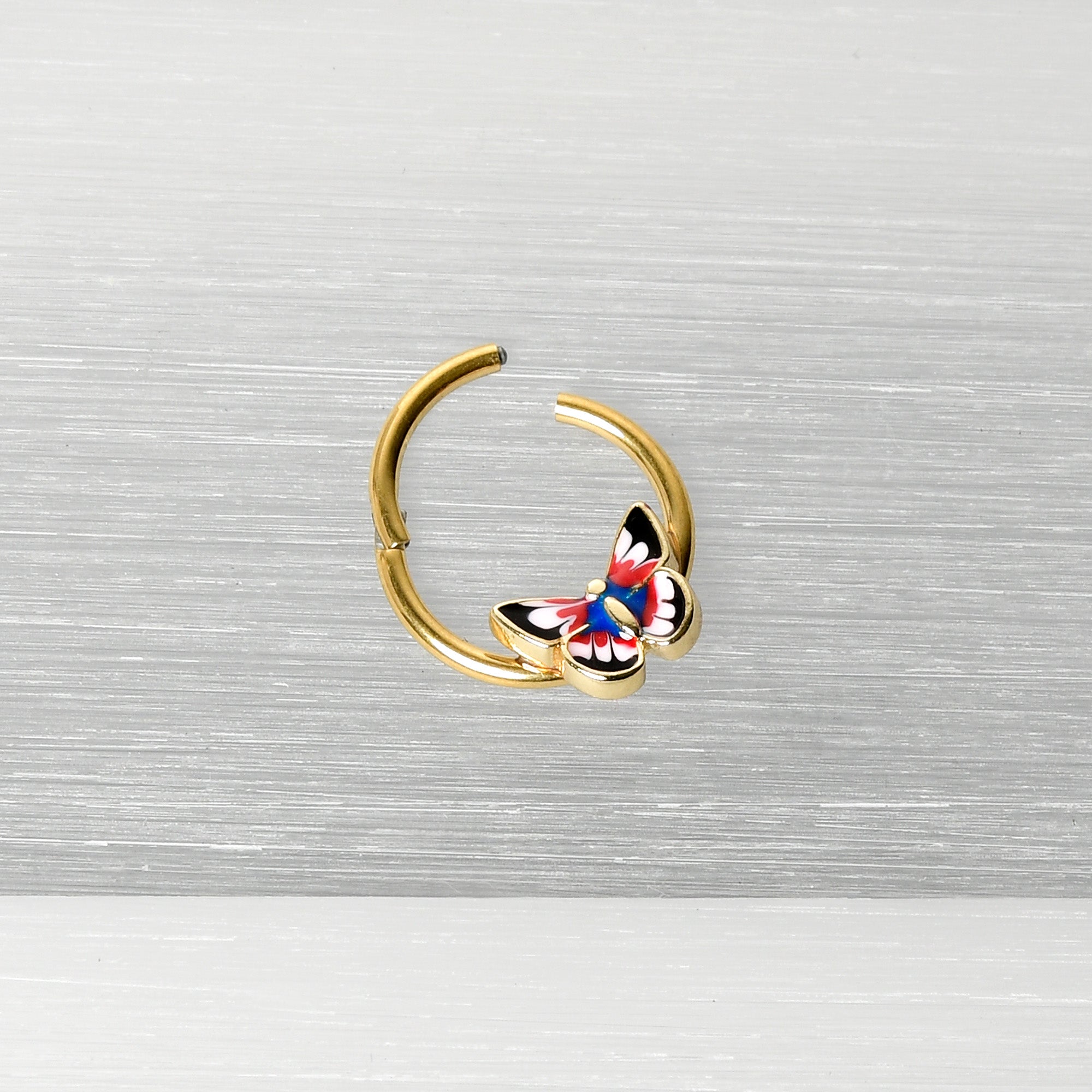 16 Gauge 3/8 Gold Tone Red Pink Blue Butterfly Hinged Segment Ring