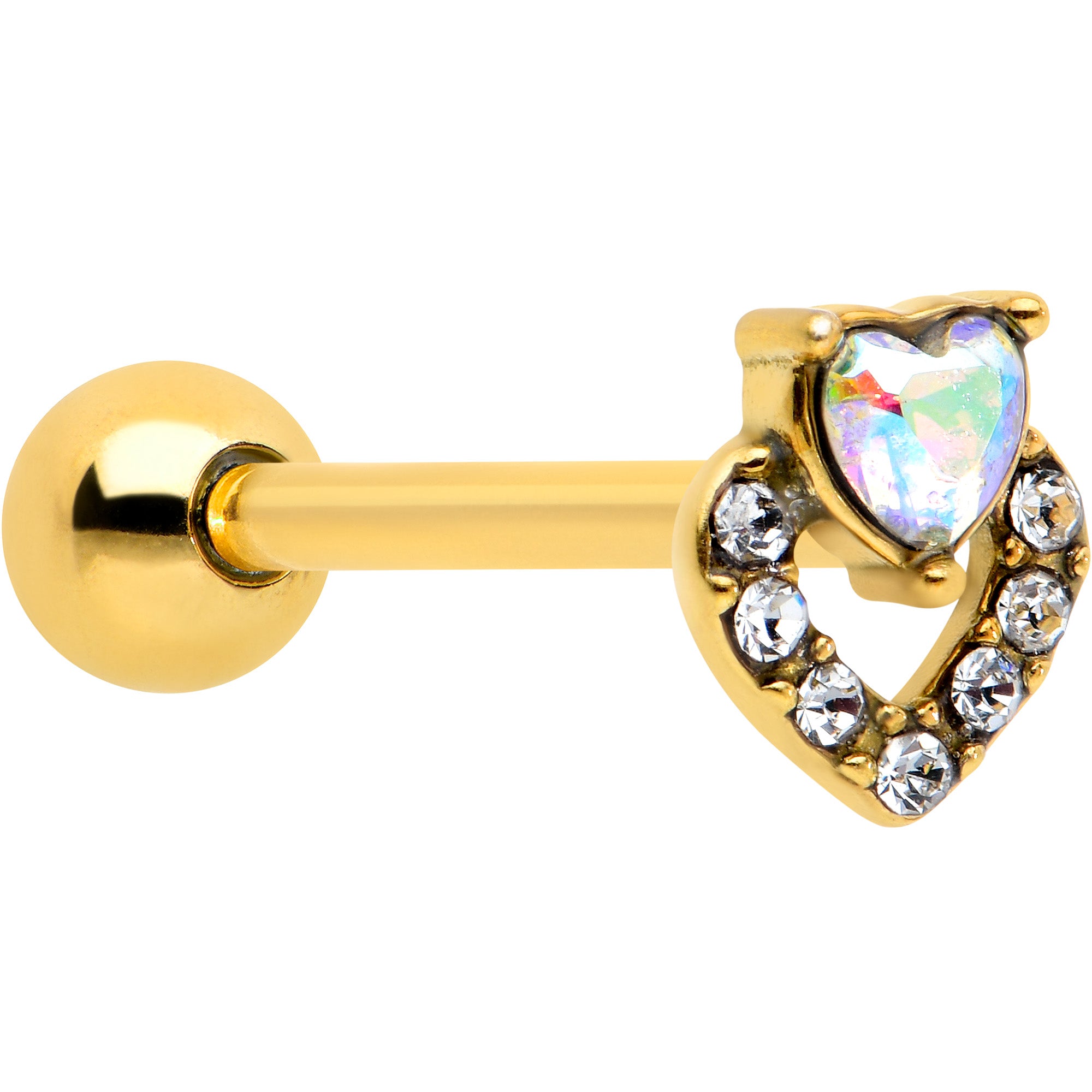 Clear CZ Gem Gold Tone Double Valentine Heart Barbell Tongue Ring