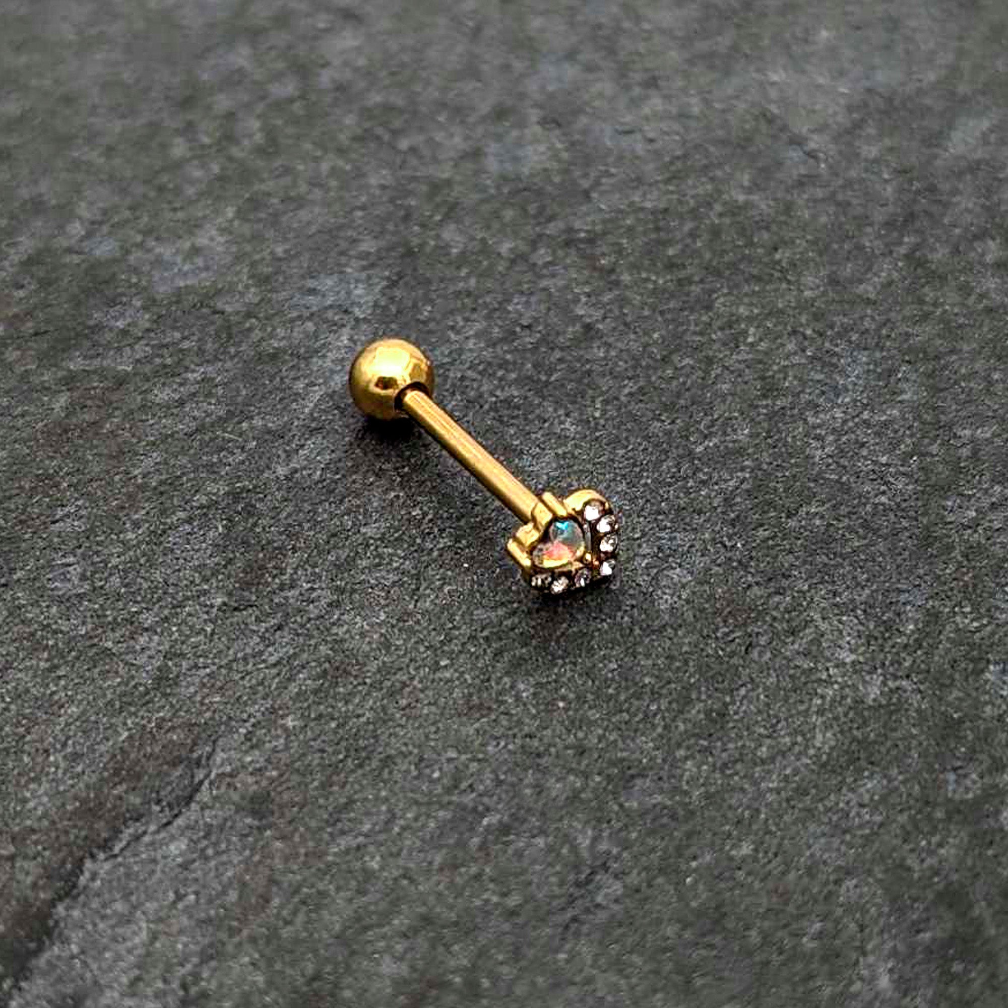 Clear CZ Gem Gold Tone Double Valentine Heart Barbell Tongue Ring