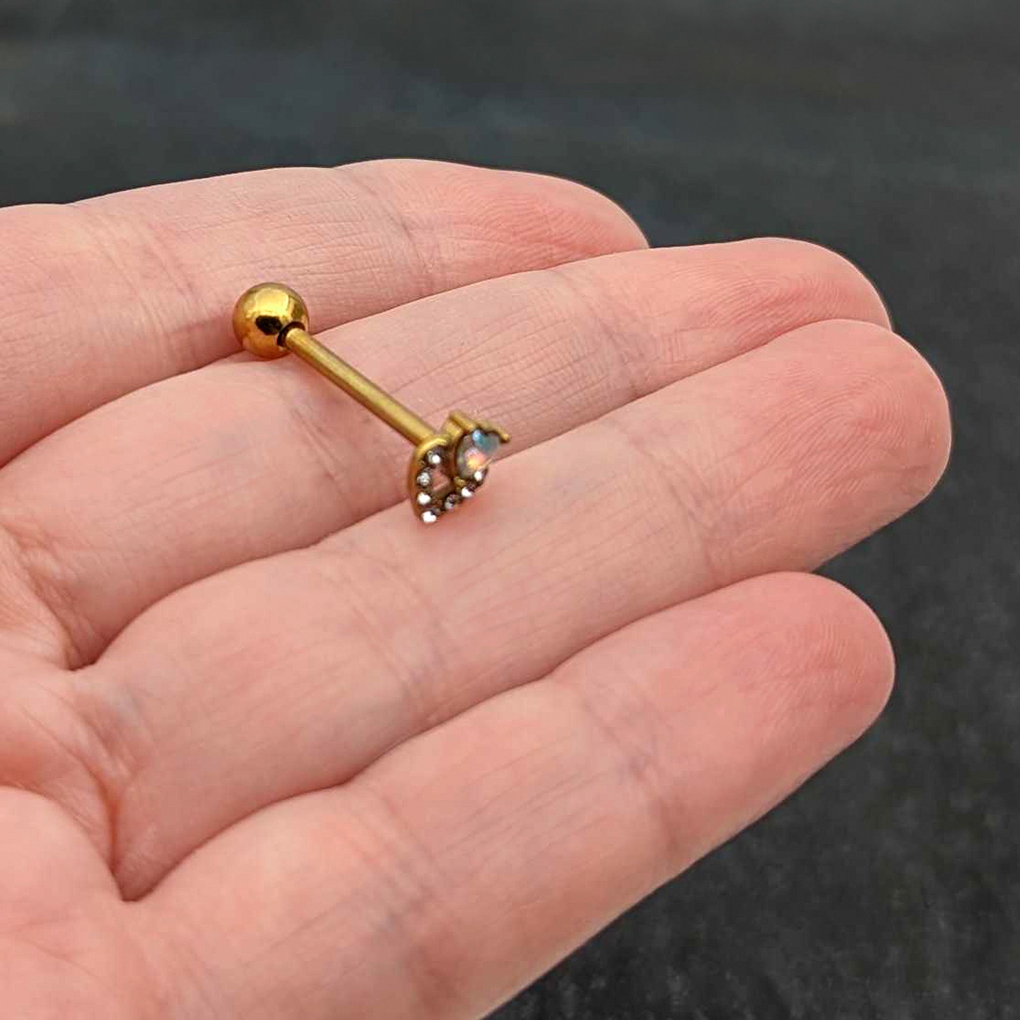 Clear CZ Gem Gold Tone Double Valentine Heart Barbell Tongue Ring