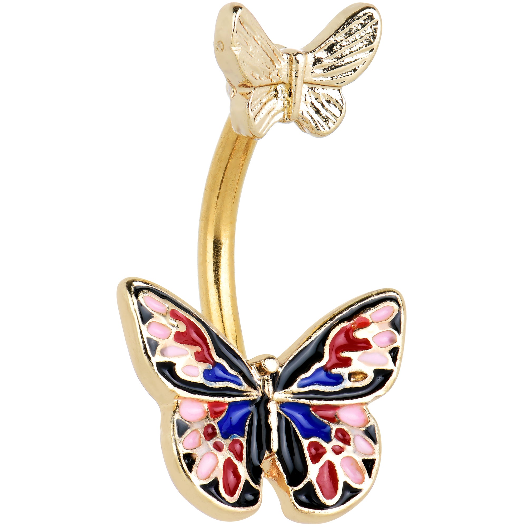 Gold Tone Colorful Butterfly Pair Red Blue Double Mount Belly Ring