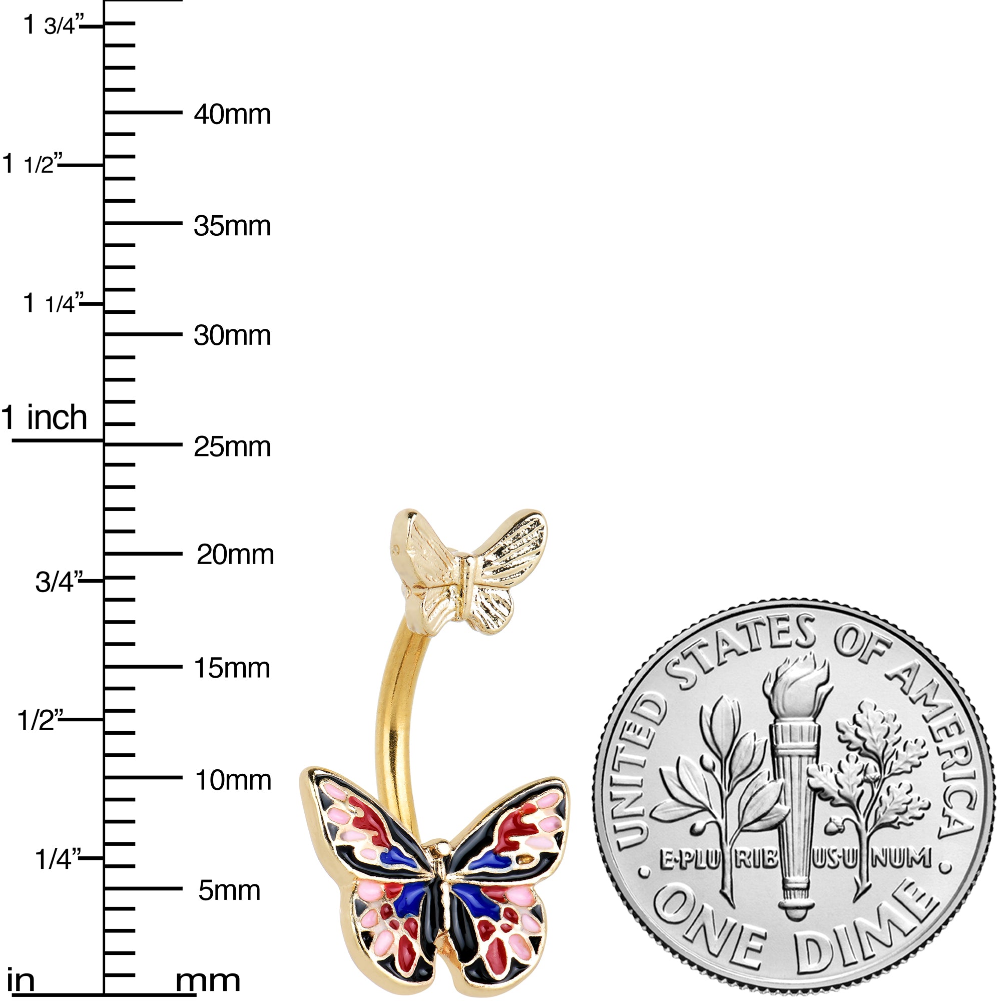 Gold Tone Colorful Butterfly Pair Red Blue Double Mount Belly Ring