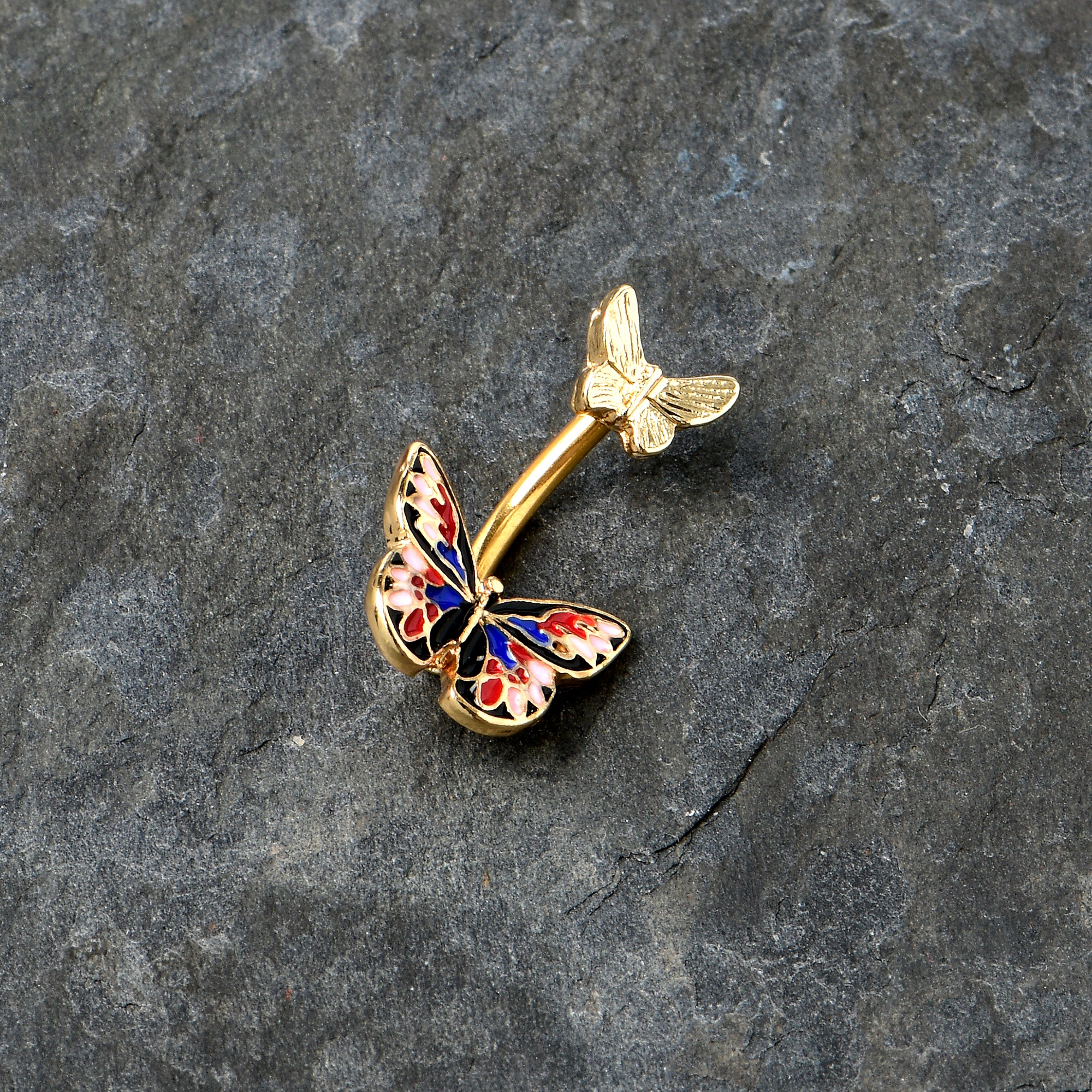 Gold Tone Colorful Butterfly Pair Red Blue Double Mount Belly Ring