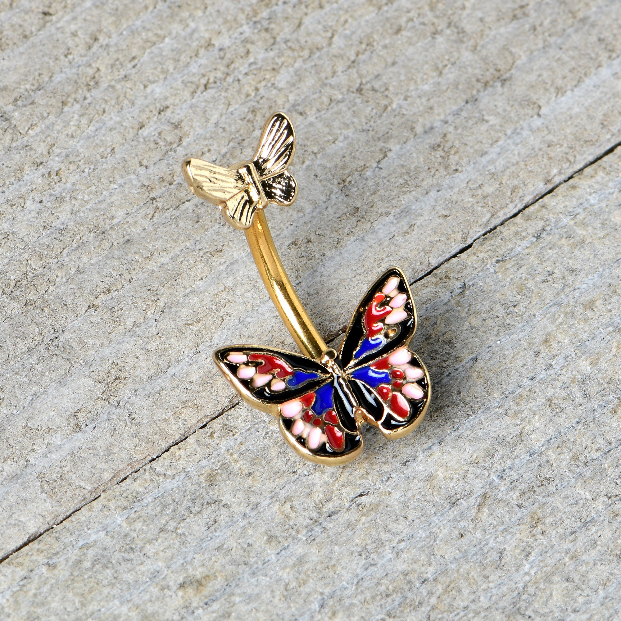 Gold Tone Colorful Butterfly Pair Red Blue Double Mount Belly Ring