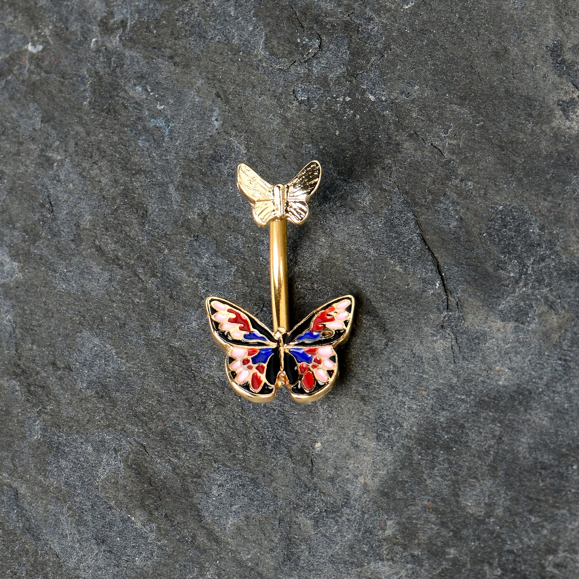 Gold Tone Colorful Butterfly Pair Red Blue Double Mount Belly Ring