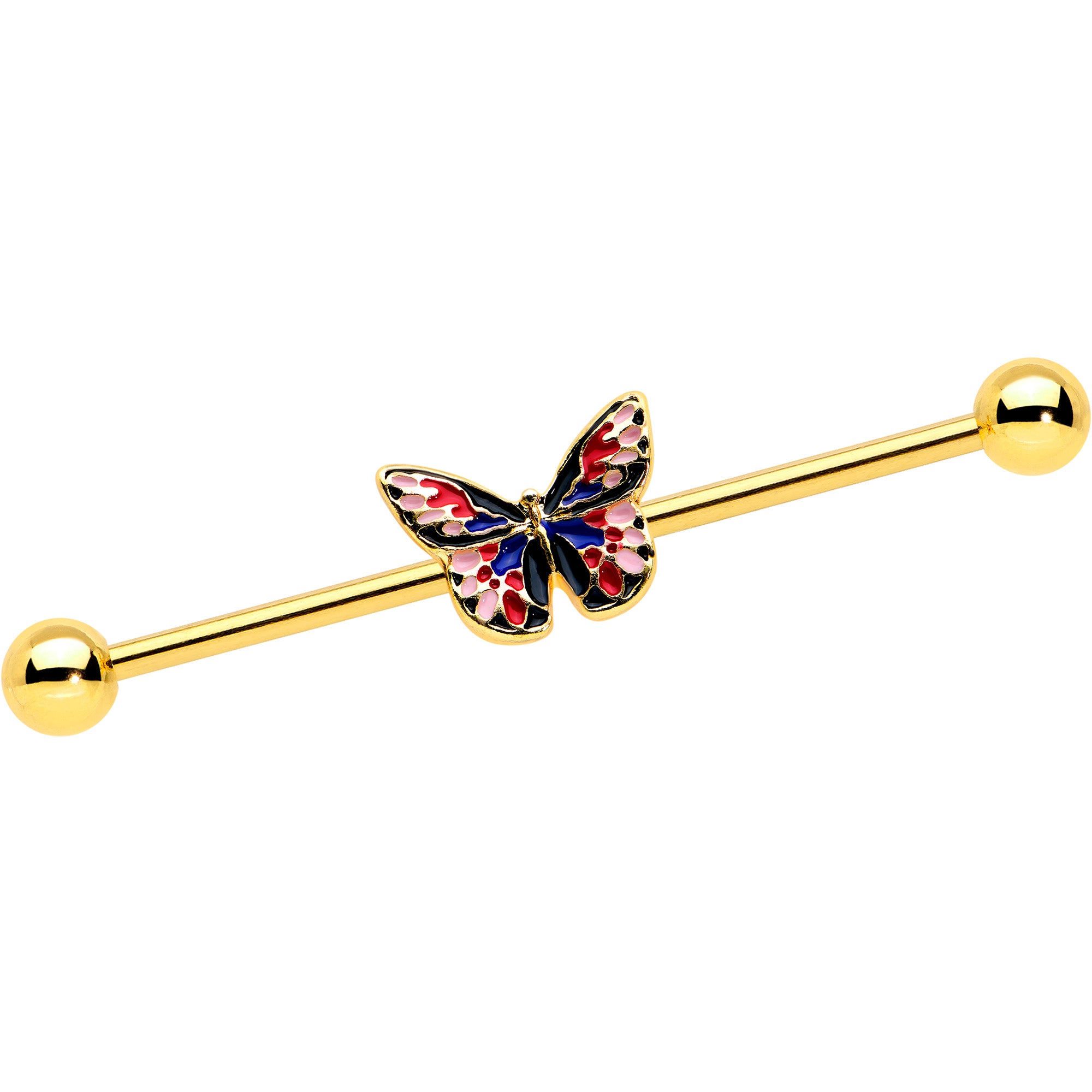 14 Gauge Gold Tone Red Blue Pink Butterfly Industrial Barbell 38mm