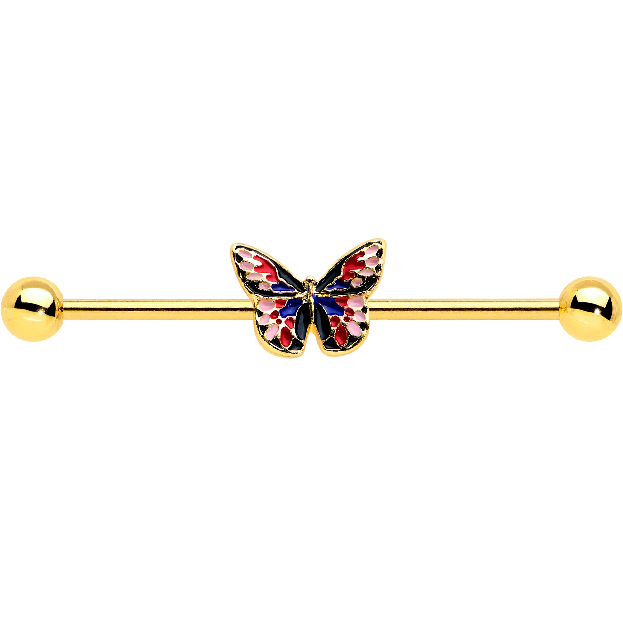 14 Gauge Gold Tone Red Blue Pink Butterfly Industrial Barbell 38mm