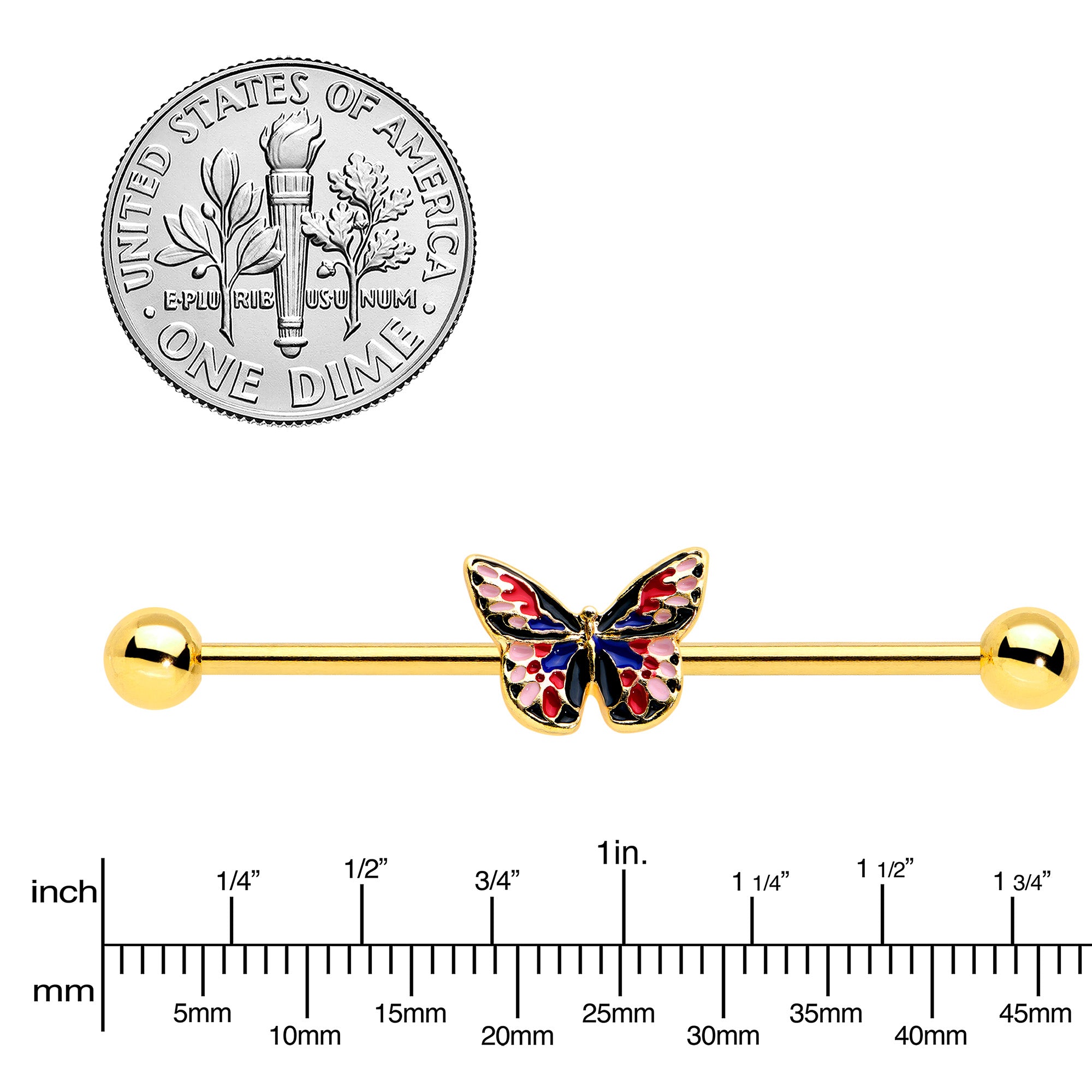 14 Gauge Gold Tone Red Blue Pink Butterfly Industrial Barbell 38mm