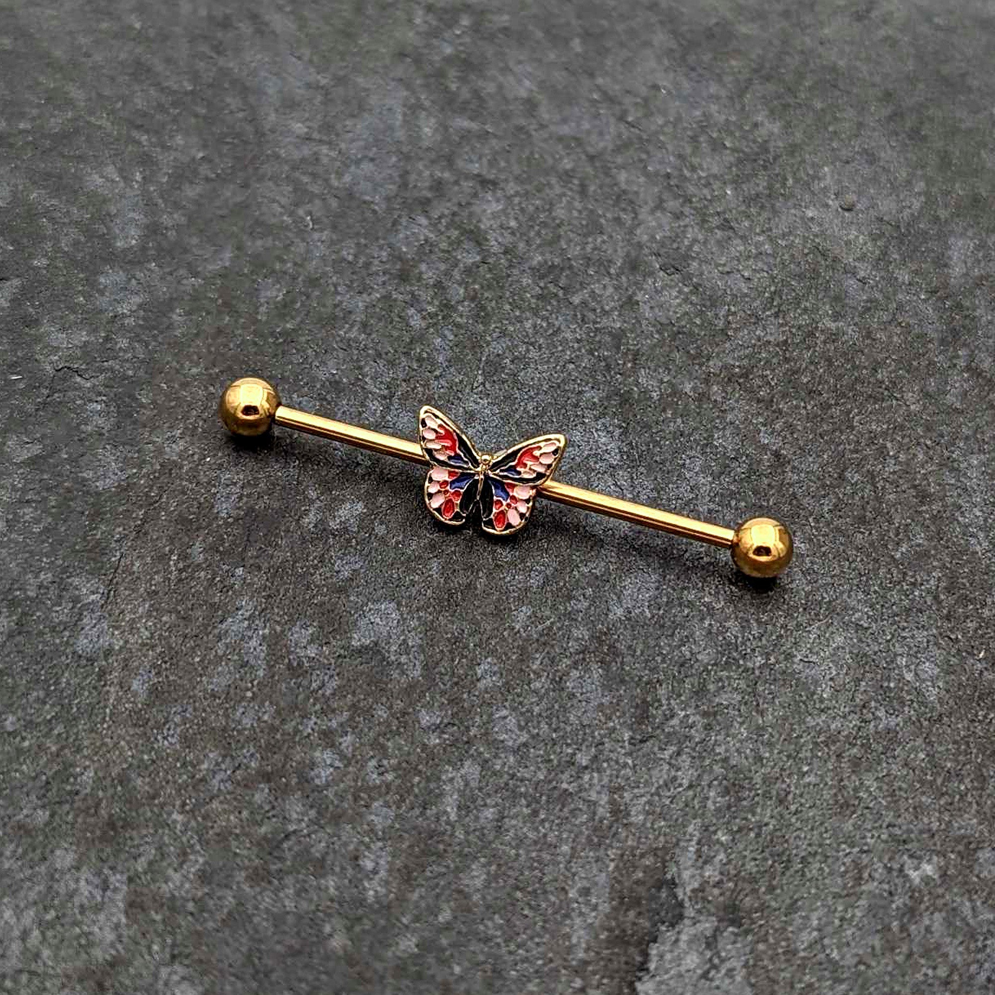 14 Gauge Gold Tone Red Blue Pink Butterfly Industrial Barbell 38mm