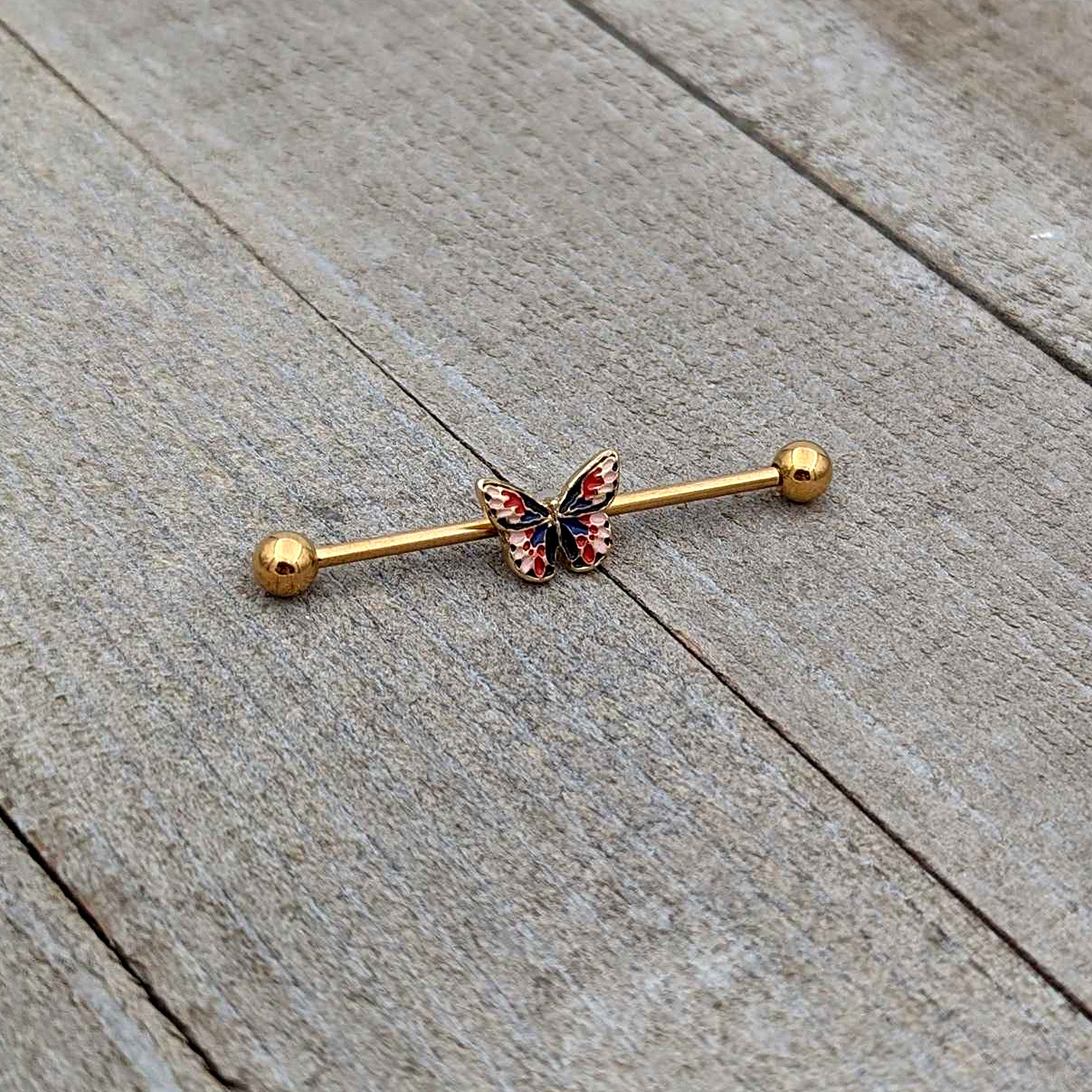 14 Gauge Gold Tone Red Blue Pink Butterfly Industrial Barbell 38mm