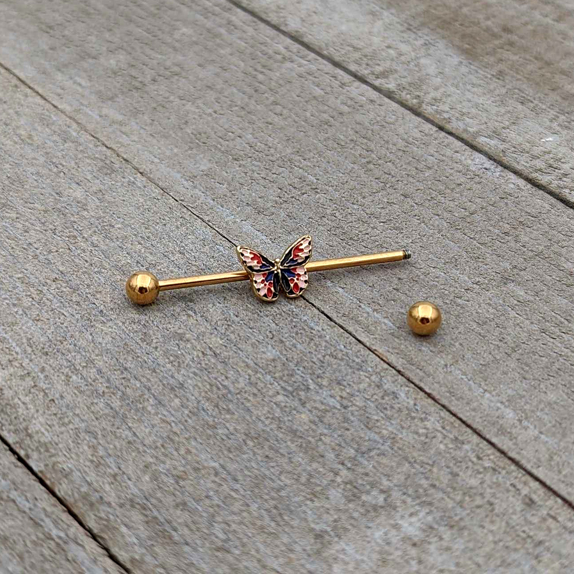 14 Gauge Gold Tone Red Blue Pink Butterfly Industrial Barbell 38mm