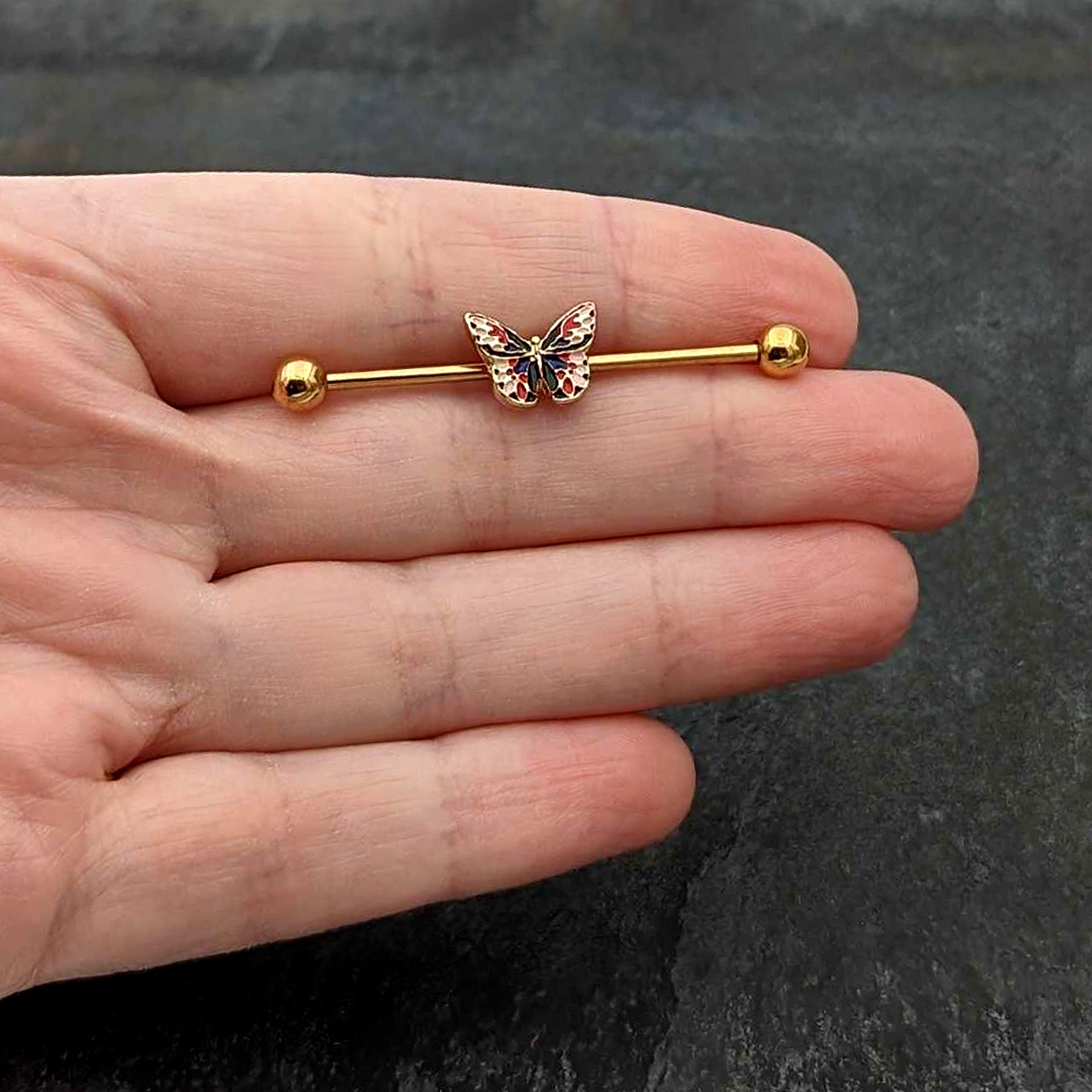 14 Gauge Gold Tone Red Blue Pink Butterfly Industrial Barbell 38mm