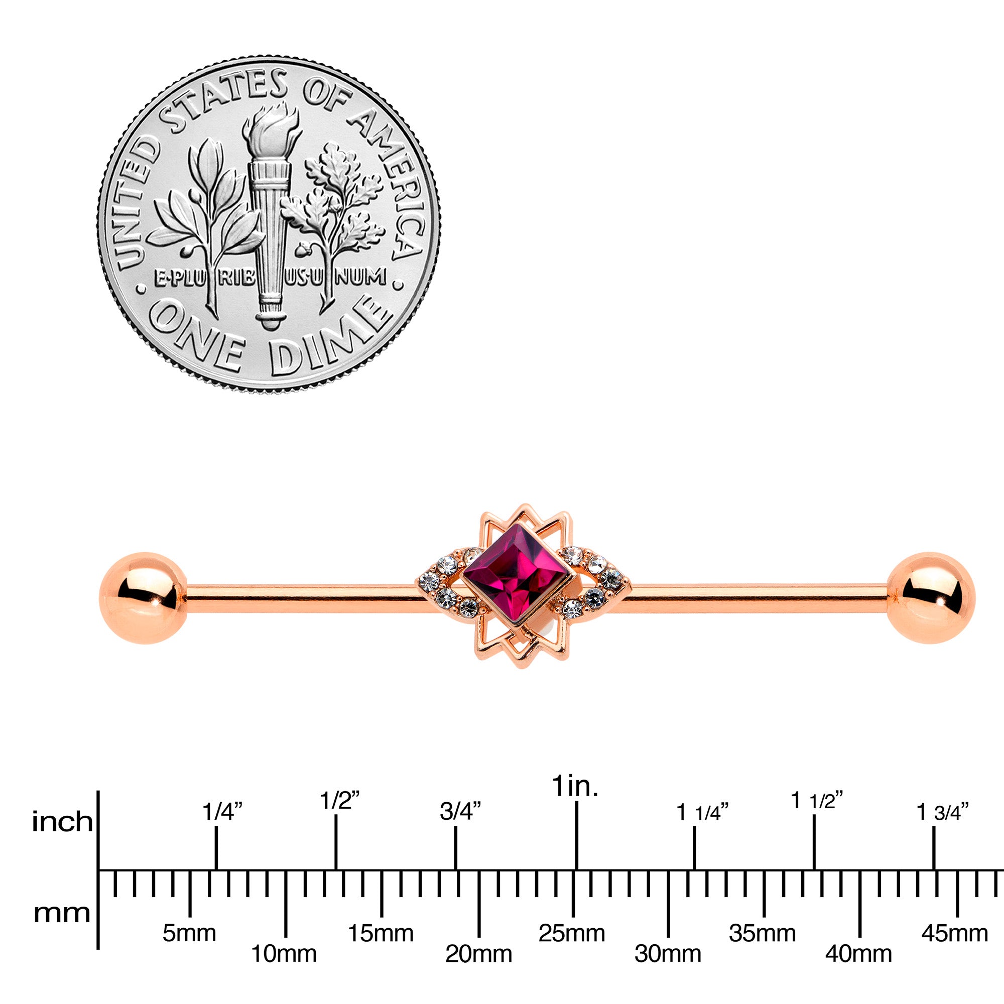 14 Gauge Red Gem Rose Gold Tone Octogram Star Industrial Barbell 38mm