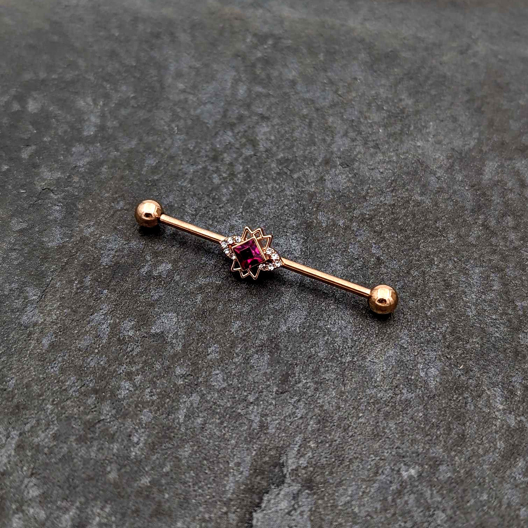 14 Gauge Red Gem Rose Gold Tone Octogram Star Industrial Barbell 38mm