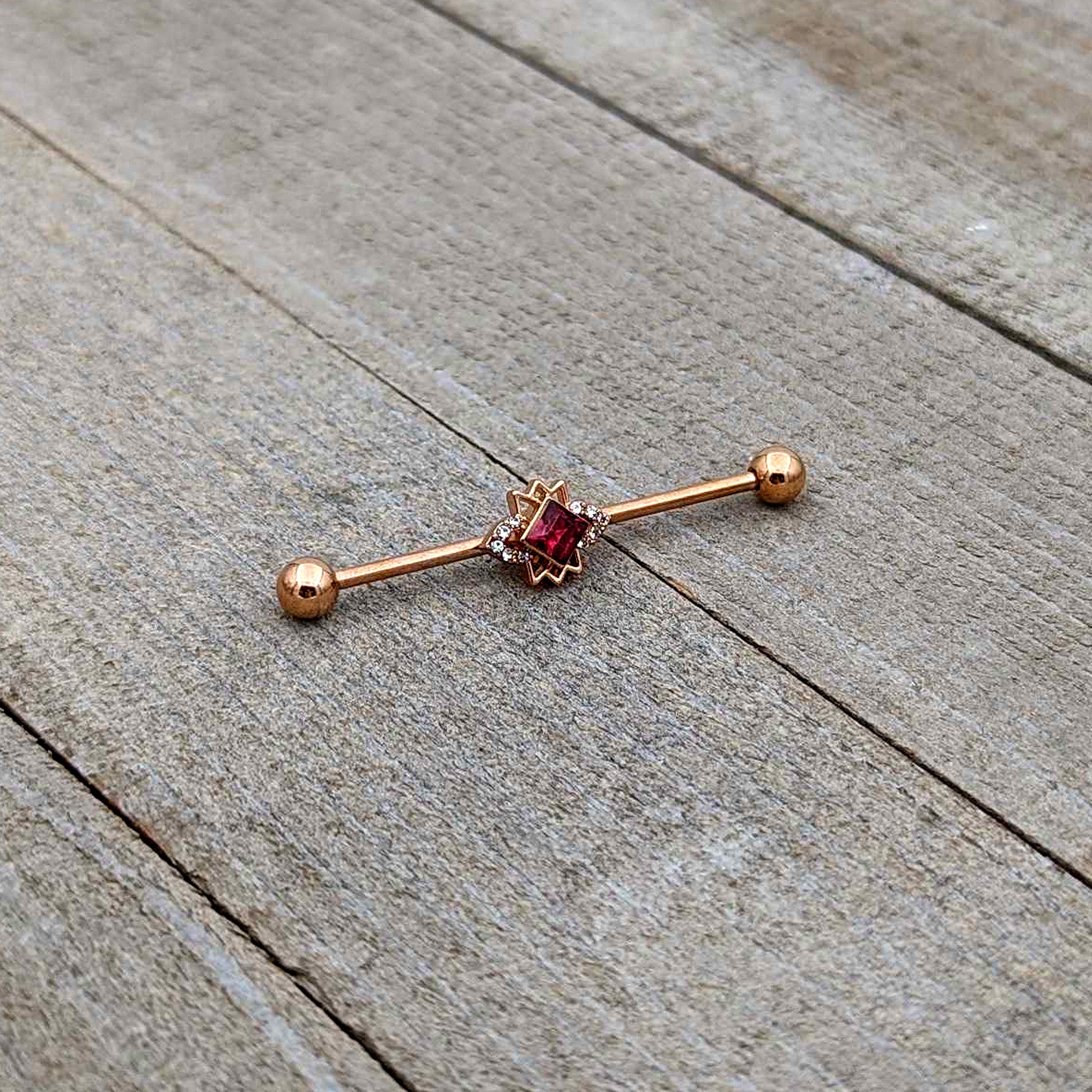 14 Gauge Red Gem Rose Gold Tone Octogram Star Industrial Barbell 38mm