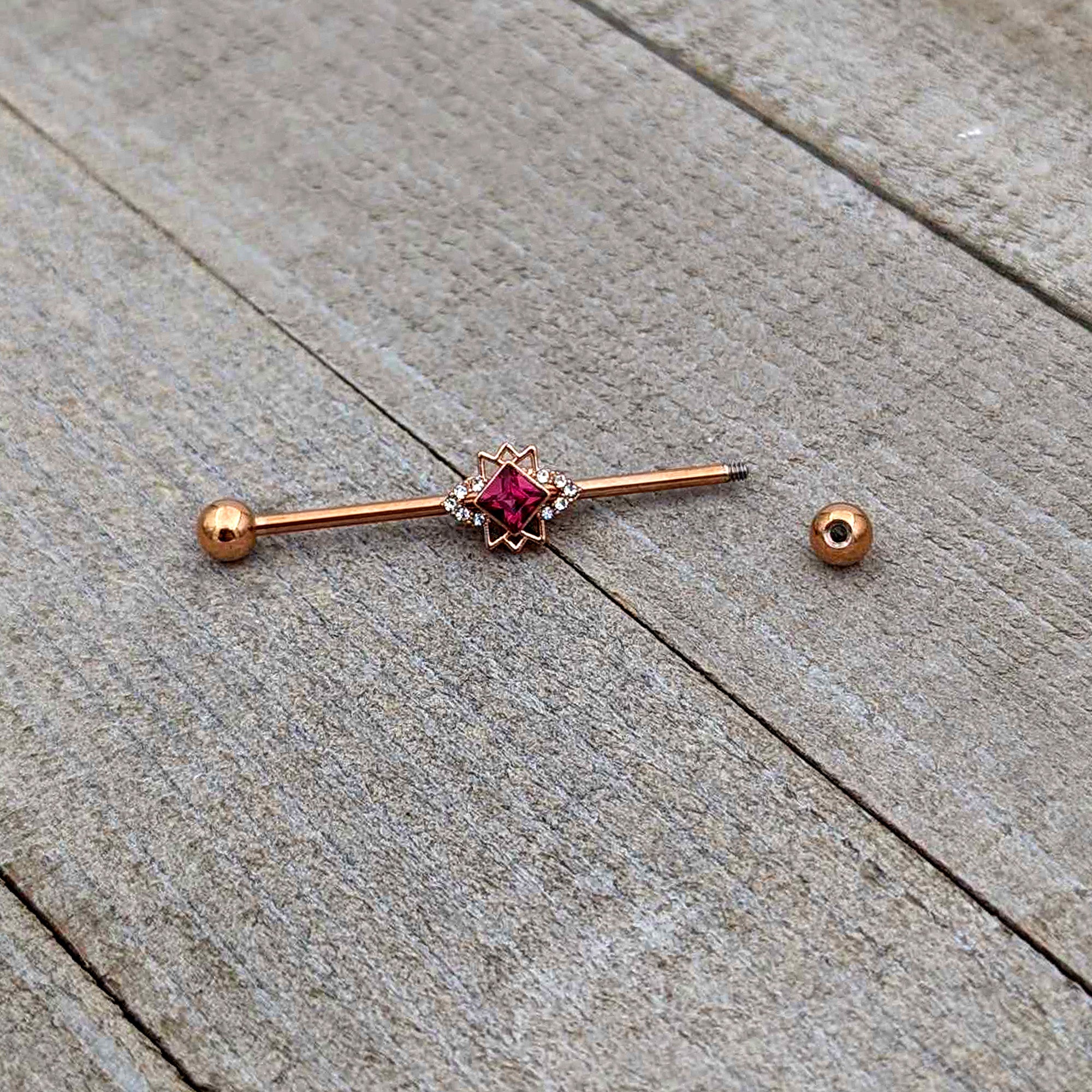 14 Gauge Red Gem Rose Gold Tone Octogram Star Industrial Barbell 38mm