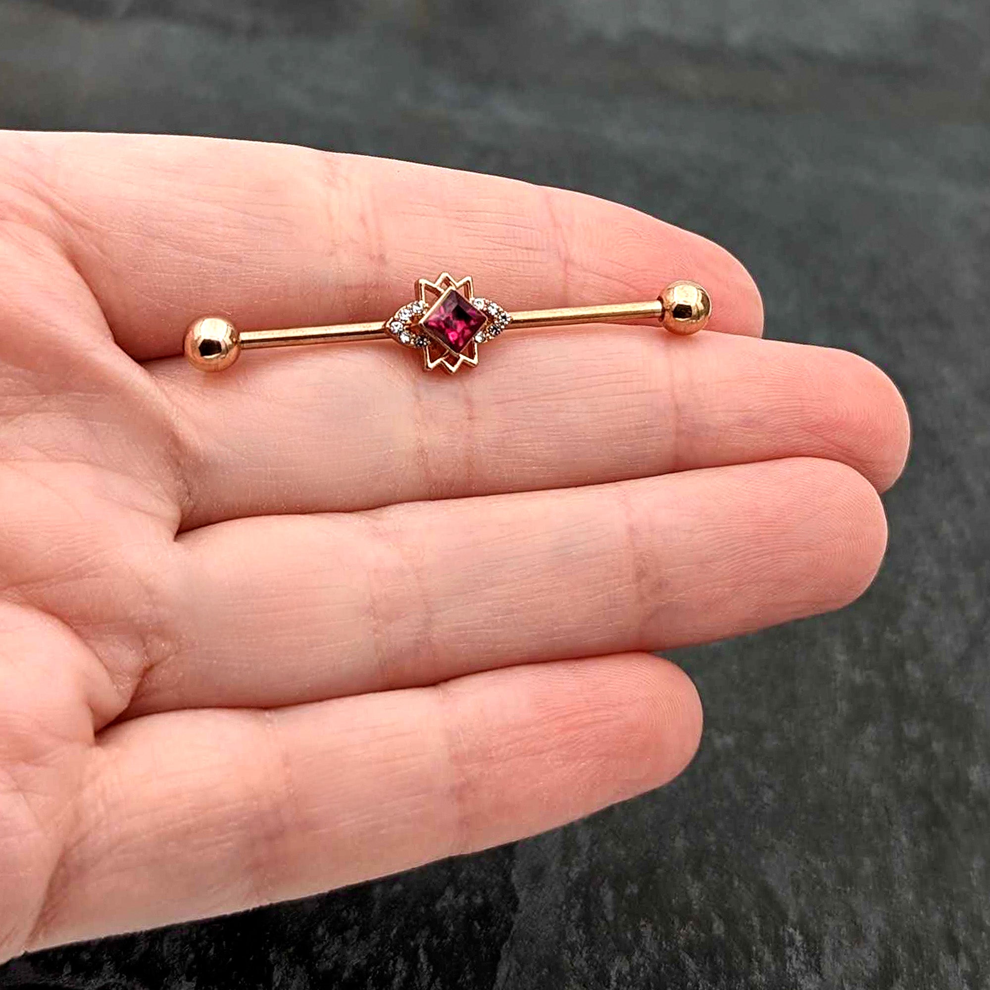 14 Gauge Red Gem Rose Gold Tone Octogram Star Industrial Barbell 38mm