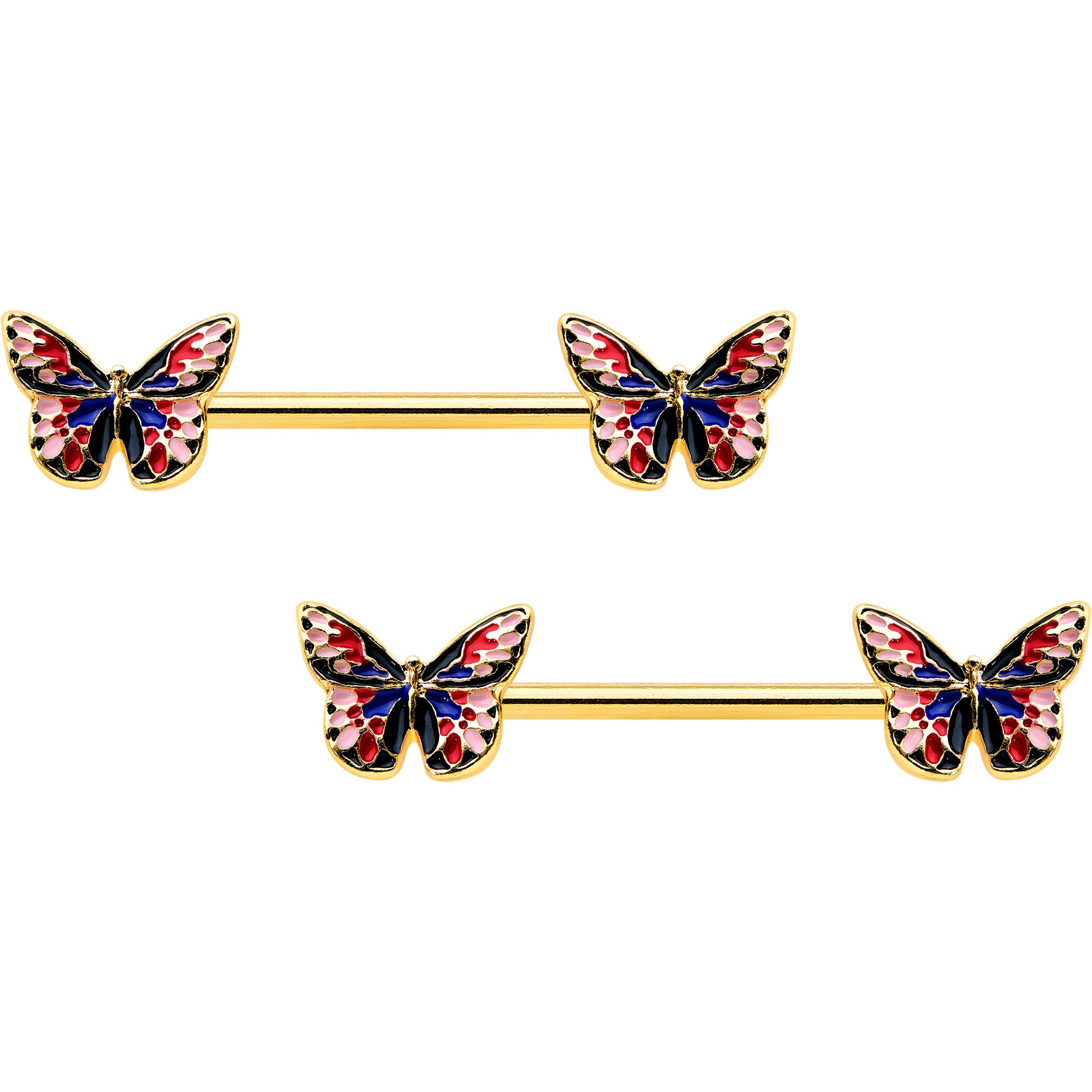 14 Gauge 5/8 Gold Tone Pink Blue Red Butterfly Barbell Nipple Ring Set