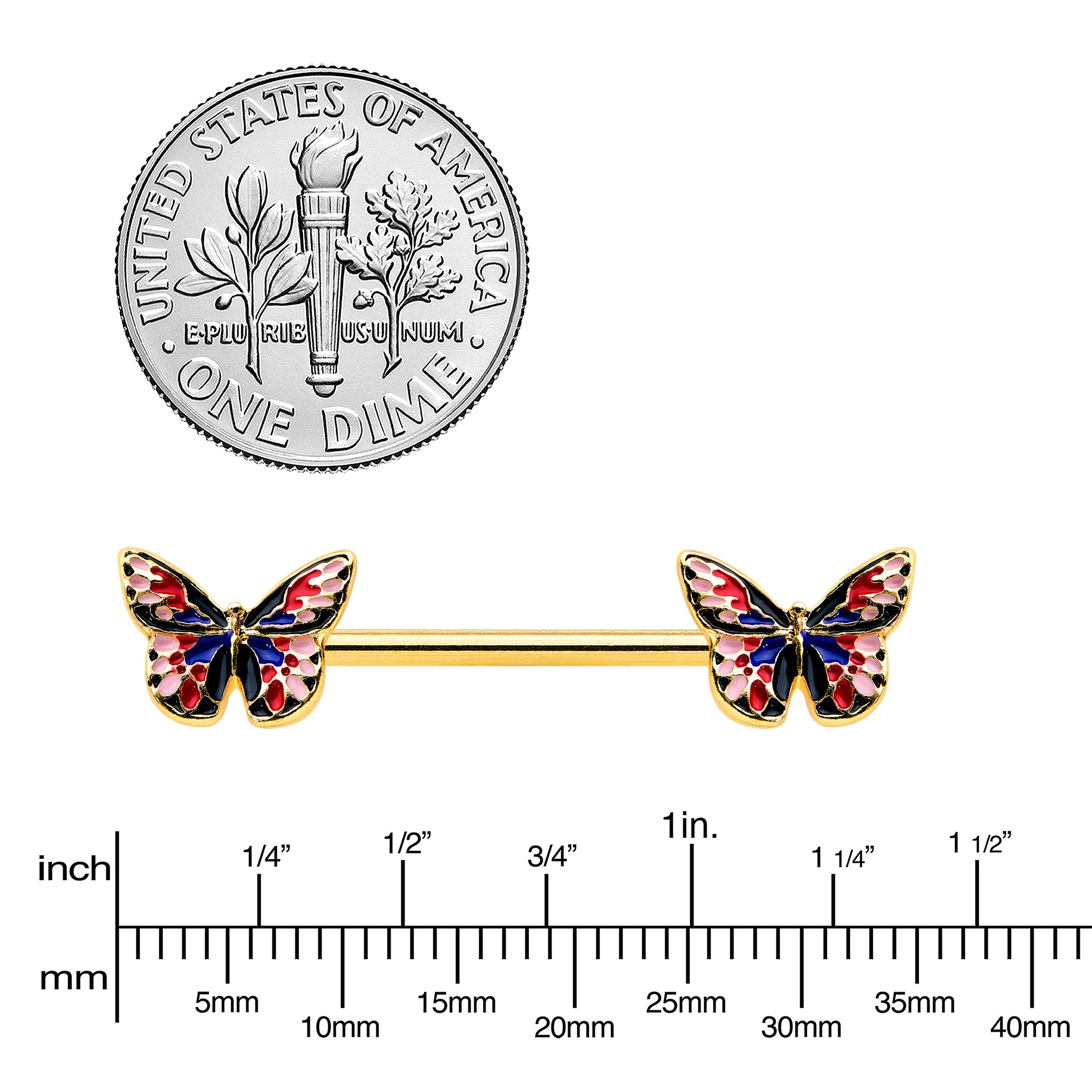 14 Gauge 5/8 Gold Tone Pink Blue Red Butterfly Barbell Nipple Ring Set