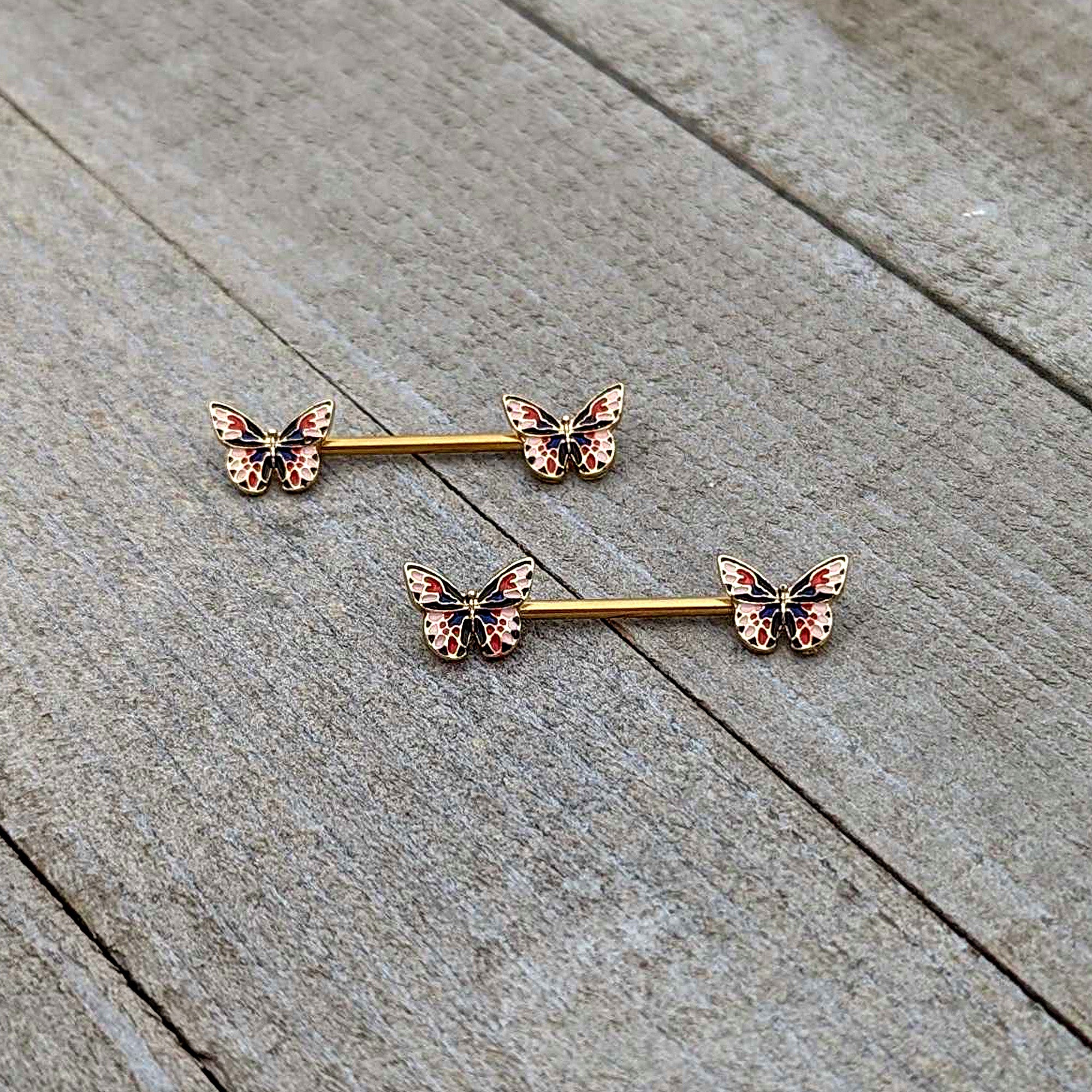 14 Gauge 5/8 Gold Tone Pink Blue Red Butterfly Barbell Nipple Ring Set