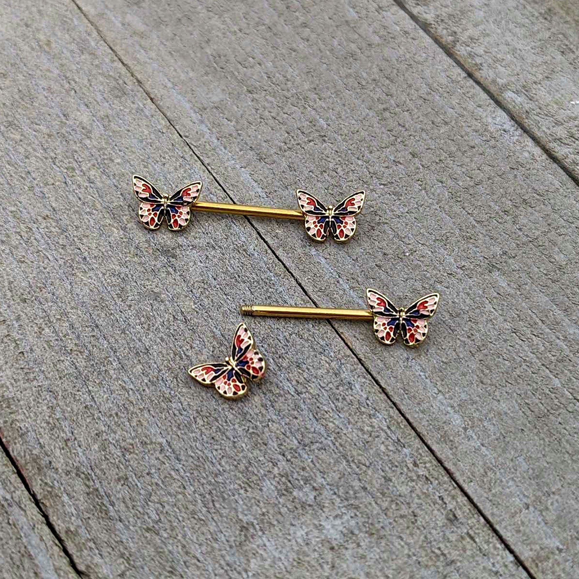 14 Gauge 5/8 Gold Tone Pink Blue Red Butterfly Barbell Nipple Ring Set