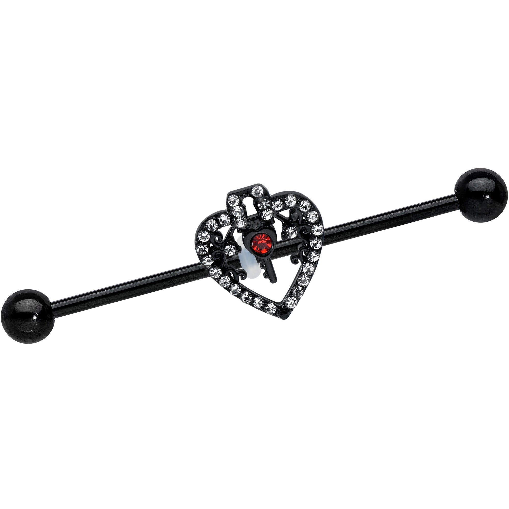 14 Gauge Clear Red Gem Black Key Heart Industrial Barbell 38mm