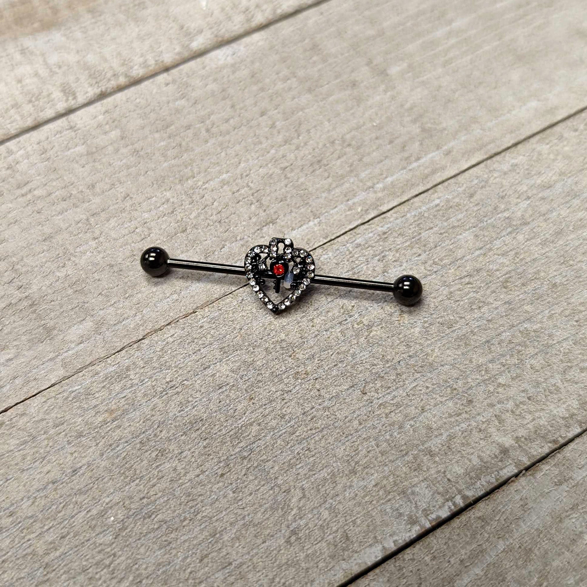 14 Gauge Clear Red Gem Black Key Heart Industrial Barbell 38mm