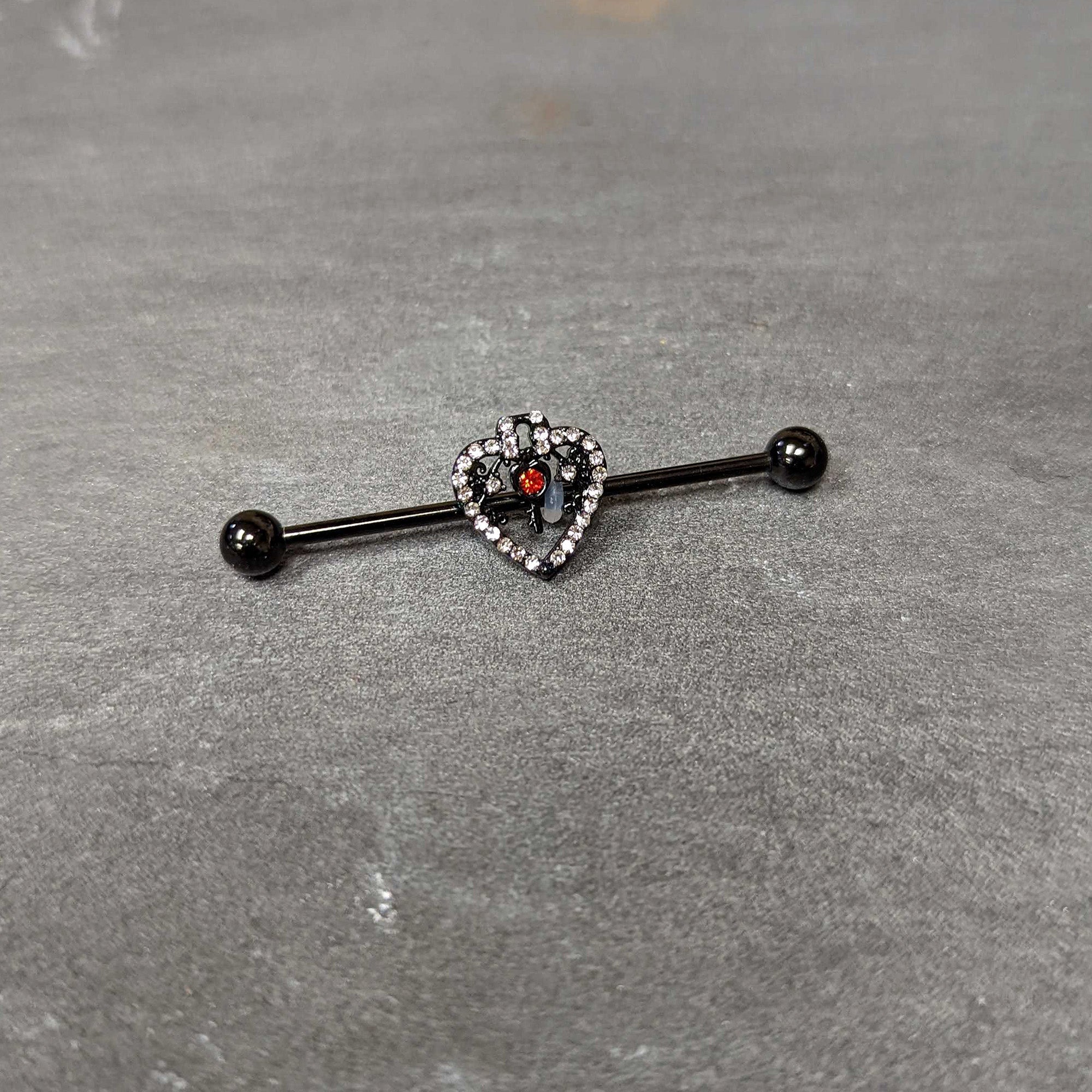 14 Gauge Clear Red Gem Black Key Heart Industrial Barbell 38mm