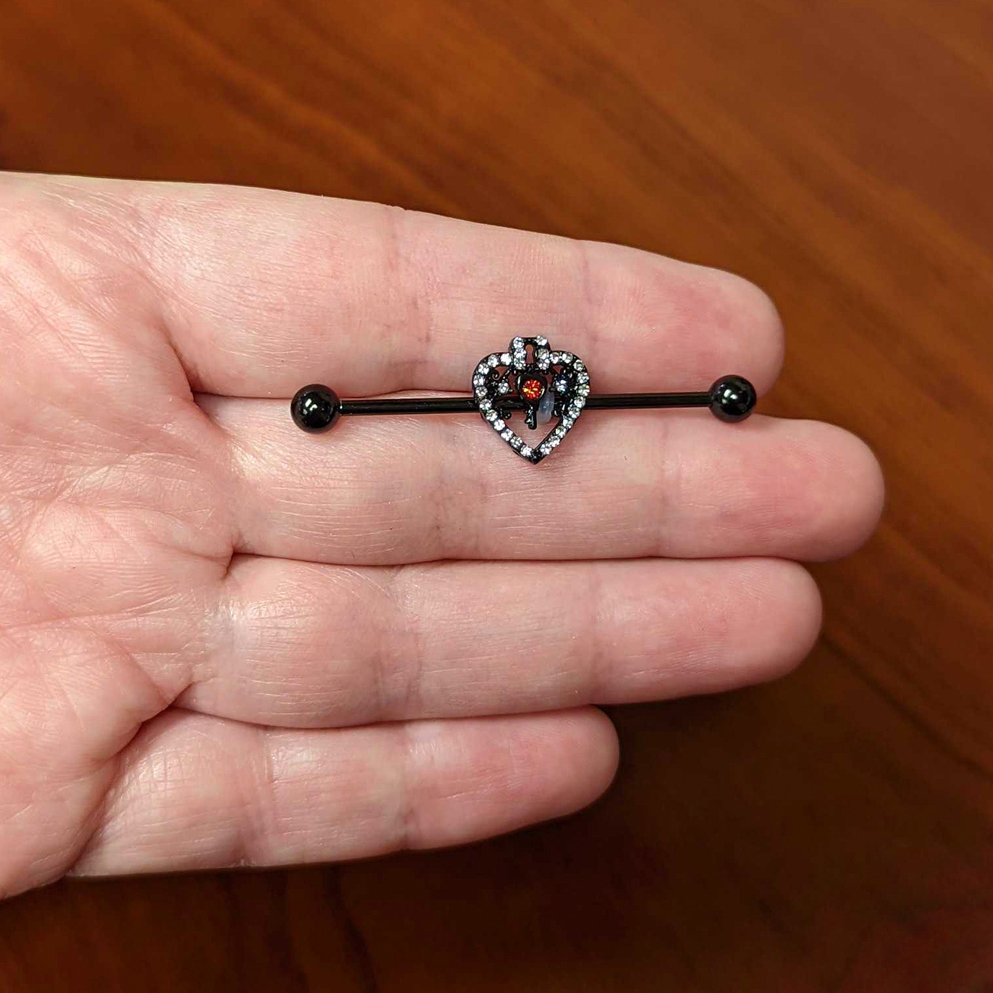 14 Gauge Clear Red Gem Black Key Heart Industrial Barbell 38mm