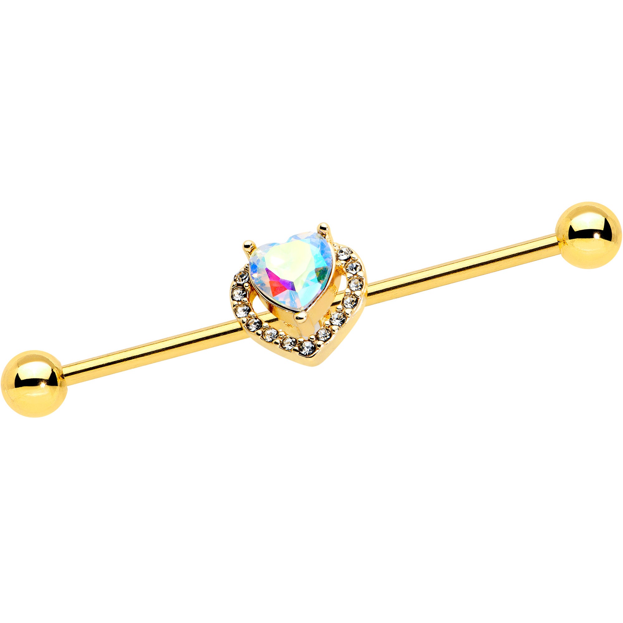 14 Gauge Aurora Gem Gold Hue Rococo Heart Industrial Barbell 38mm