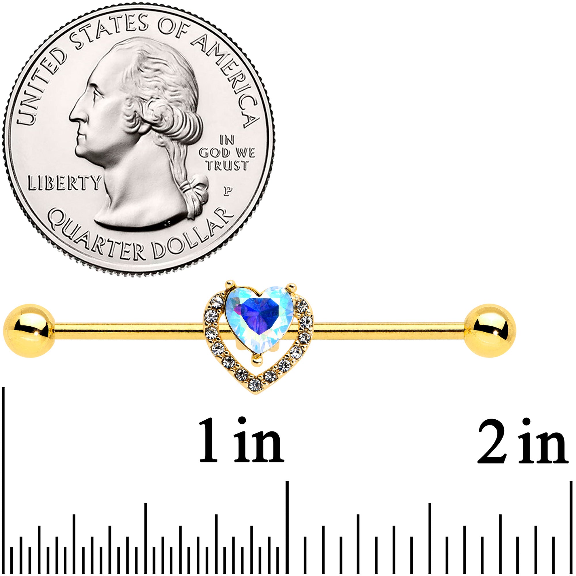 14 Gauge Aurora Gem Gold Hue Rococo Heart Industrial Barbell 38mm