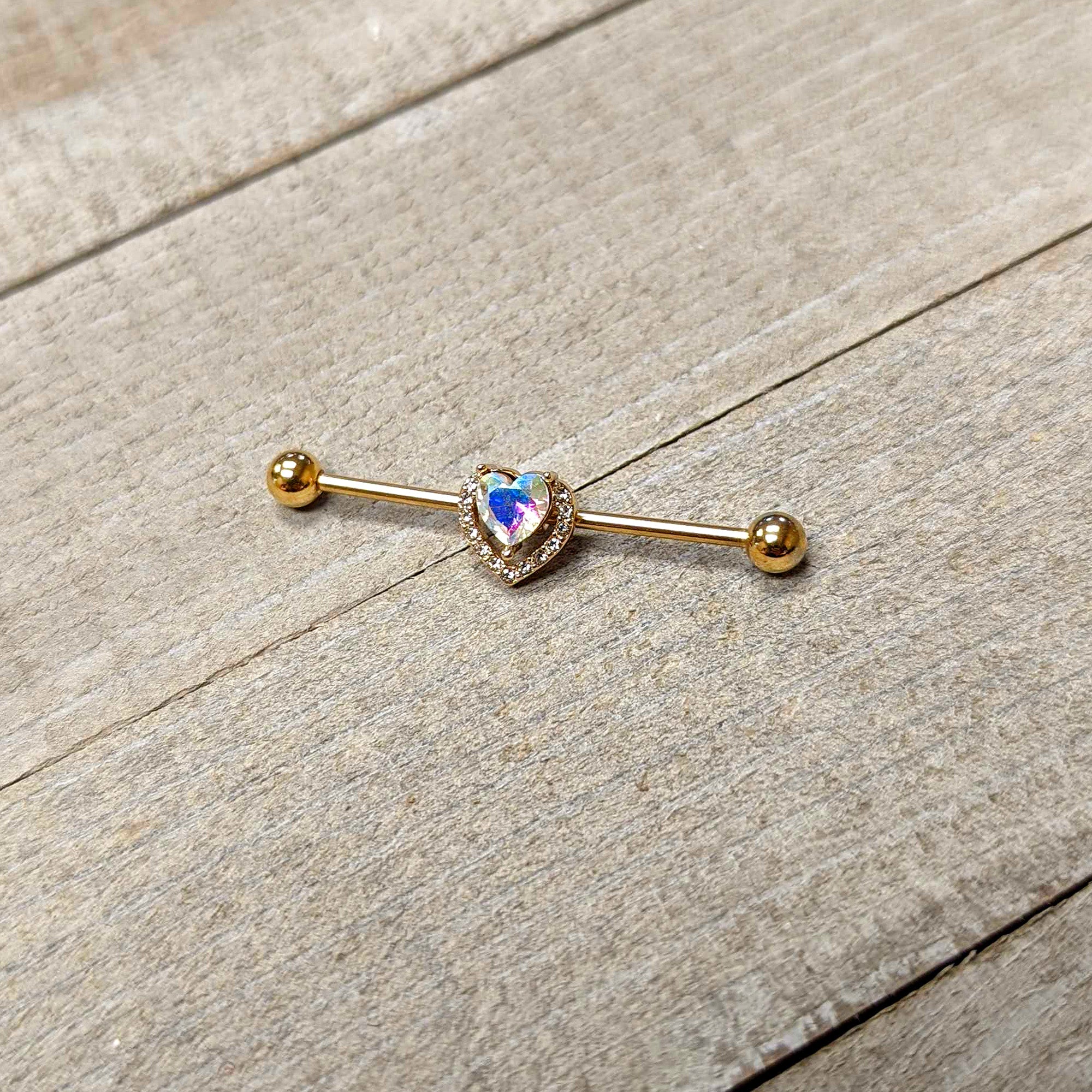 14 Gauge Aurora Gem Gold Hue Rococo Heart Industrial Barbell 38mm