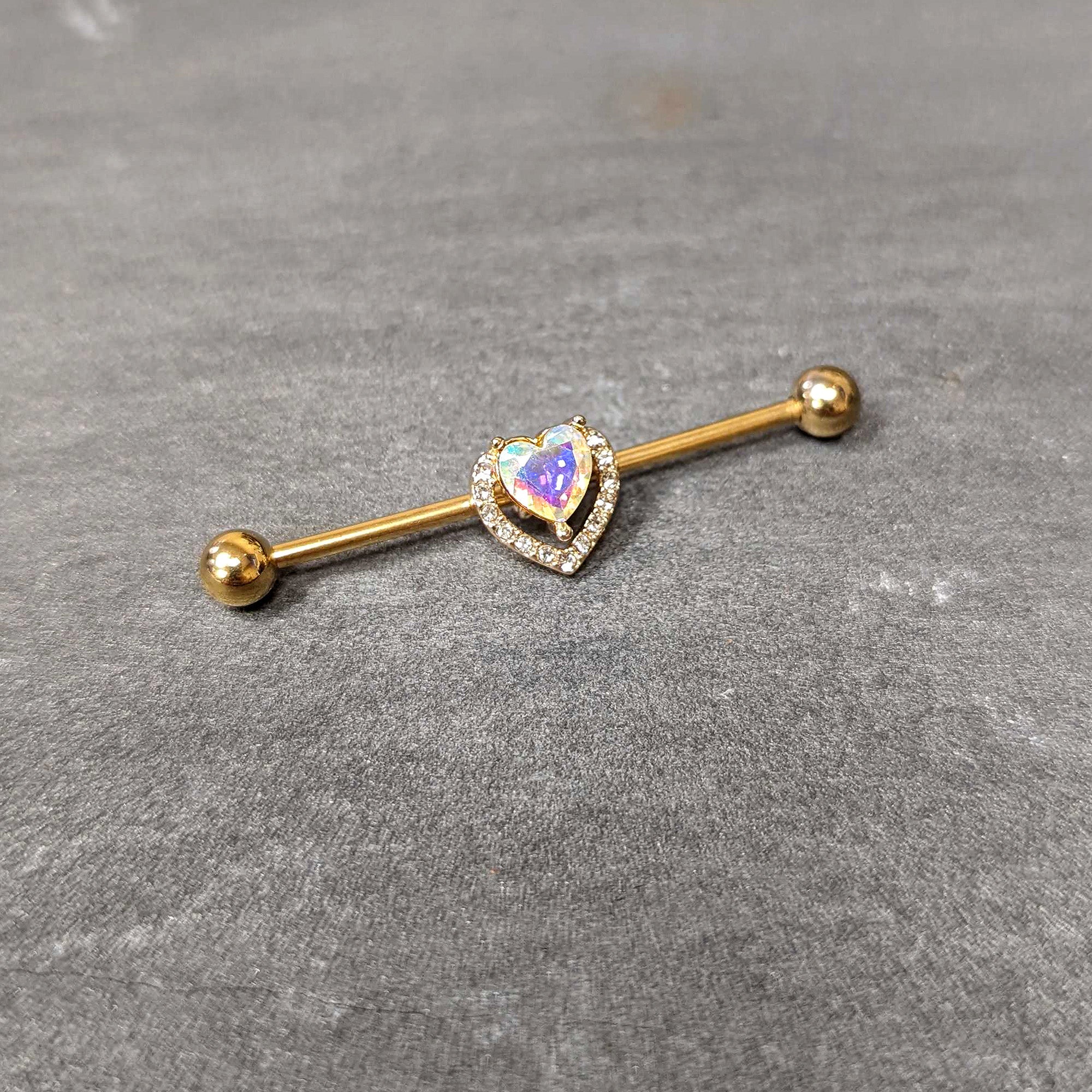 14 Gauge Aurora Gem Gold Hue Rococo Heart Industrial Barbell 38mm