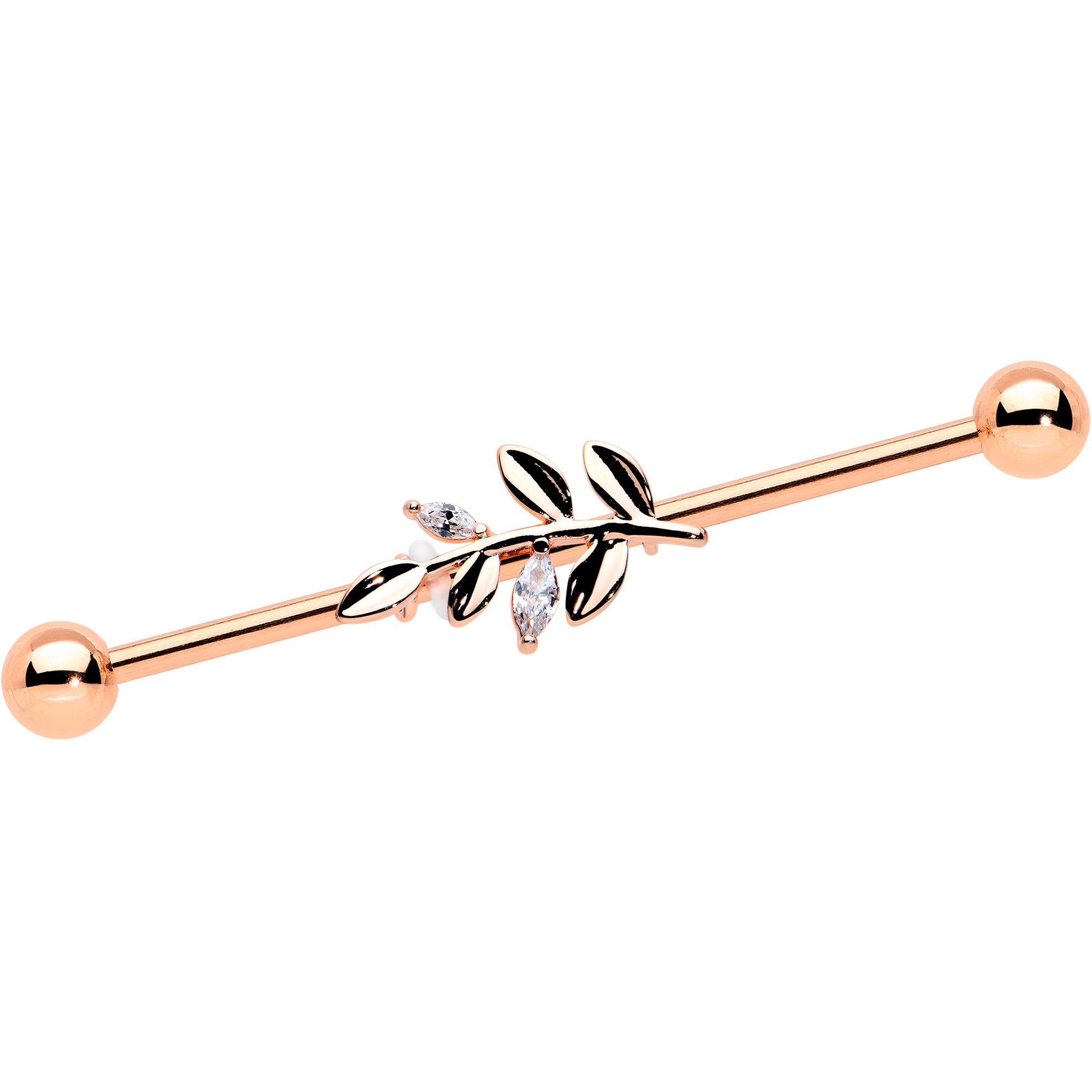 14 Gauge Clear CZ Gem Rose Gold Hue Simple Leaf Industrial Barbell 38mm