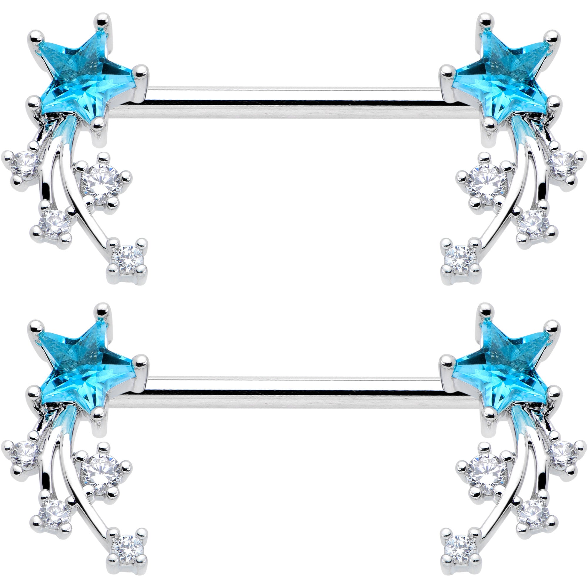 14 Gauge 9/16 Blue Clear CZ Gem Shooting Star Barbell Nipple Ring Set