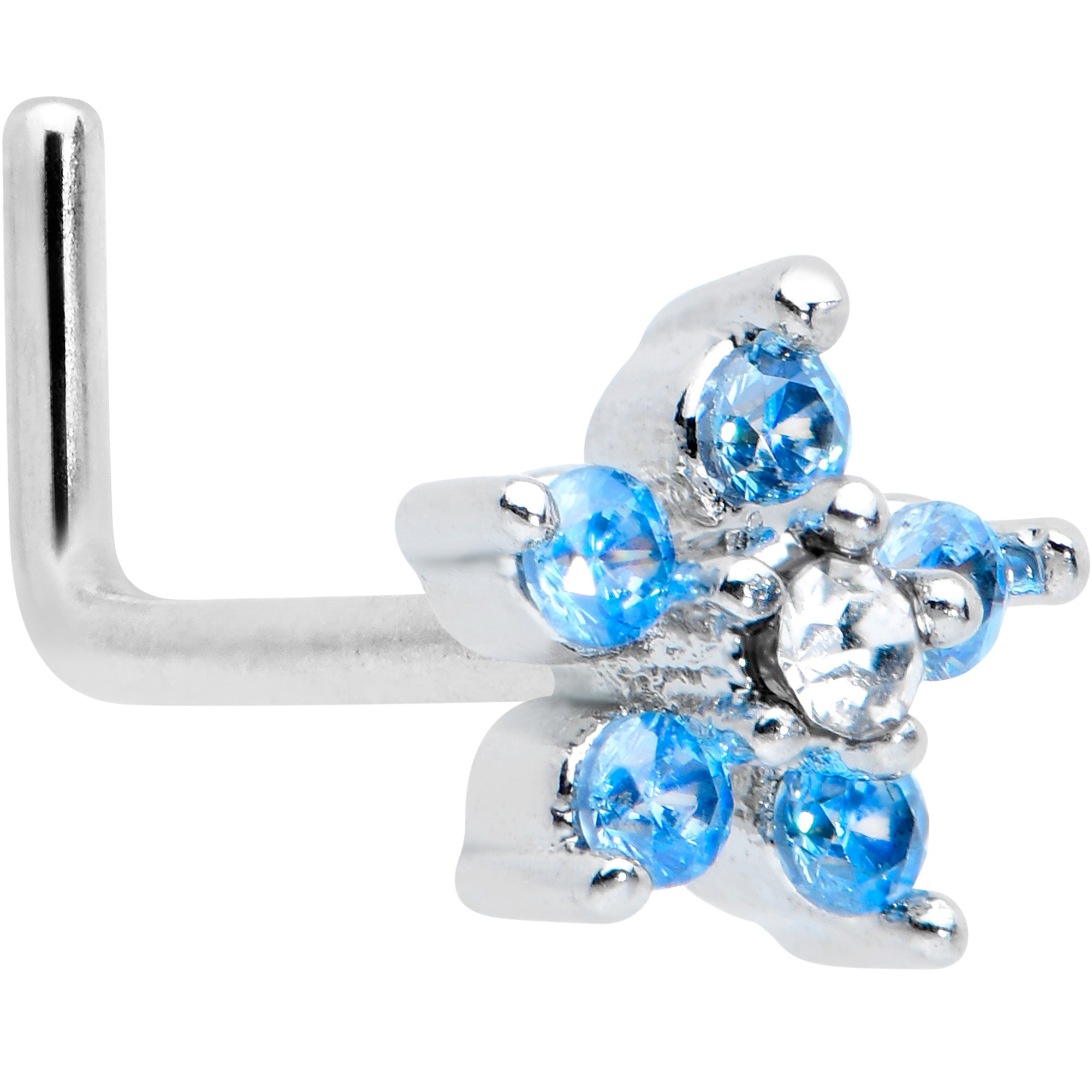 20 Gauge 1/4 Blue Clear CZ Gem Flower Beauty L Shape Nose Ring