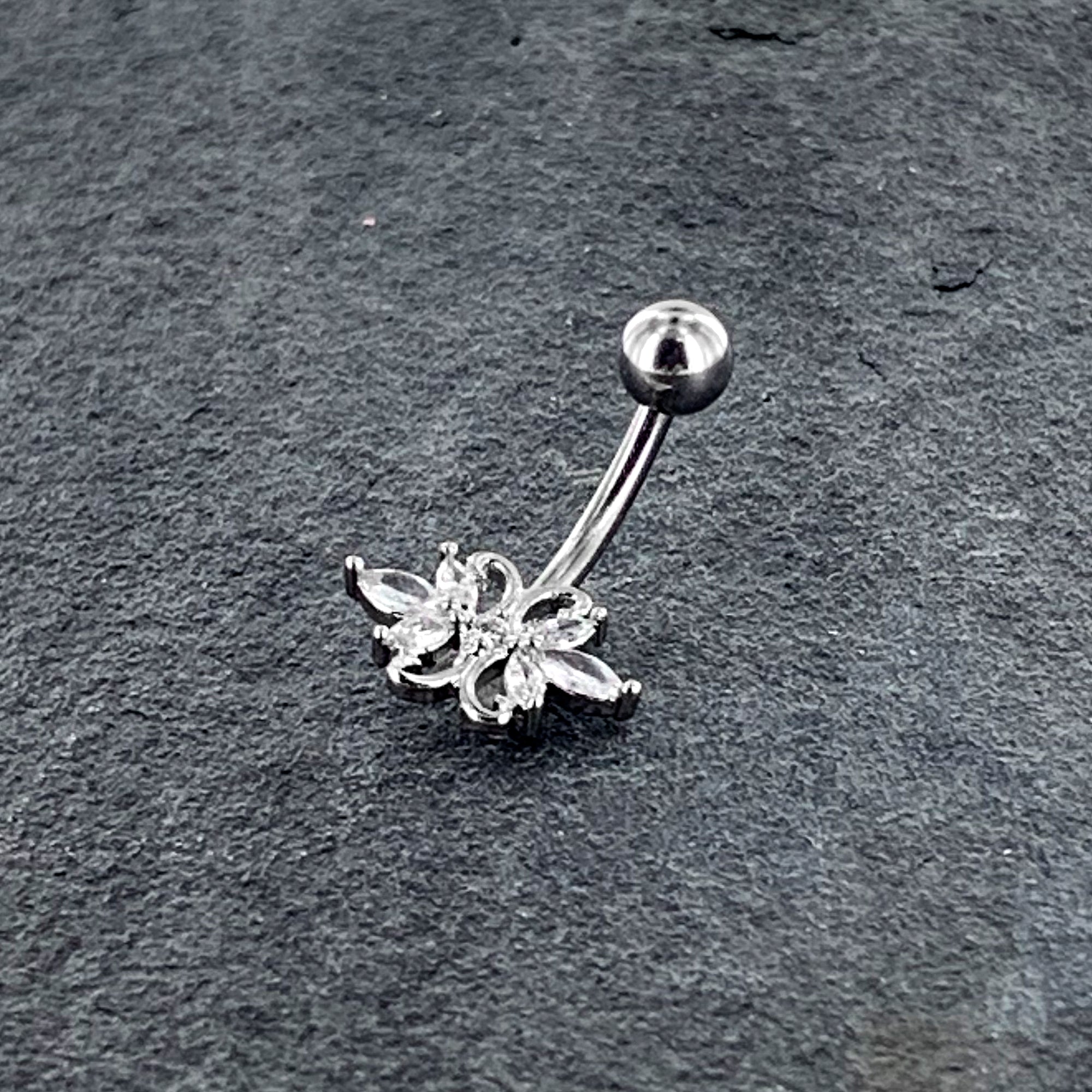 Clear CZ Gem Elegant Double Heart Baroque Belly Ring