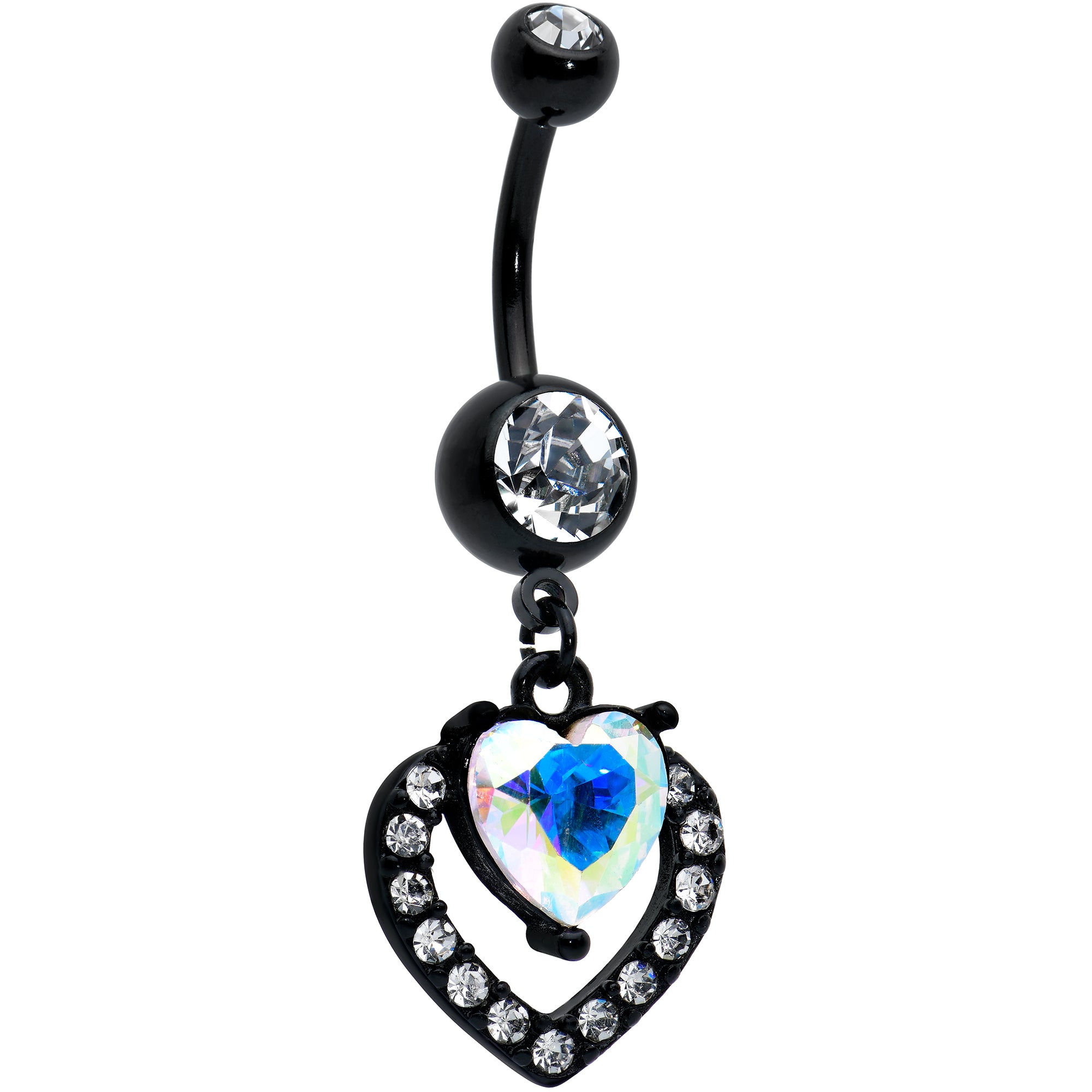 Clear Aurora Gem Black Rococo Heart Dangle Belly Ring