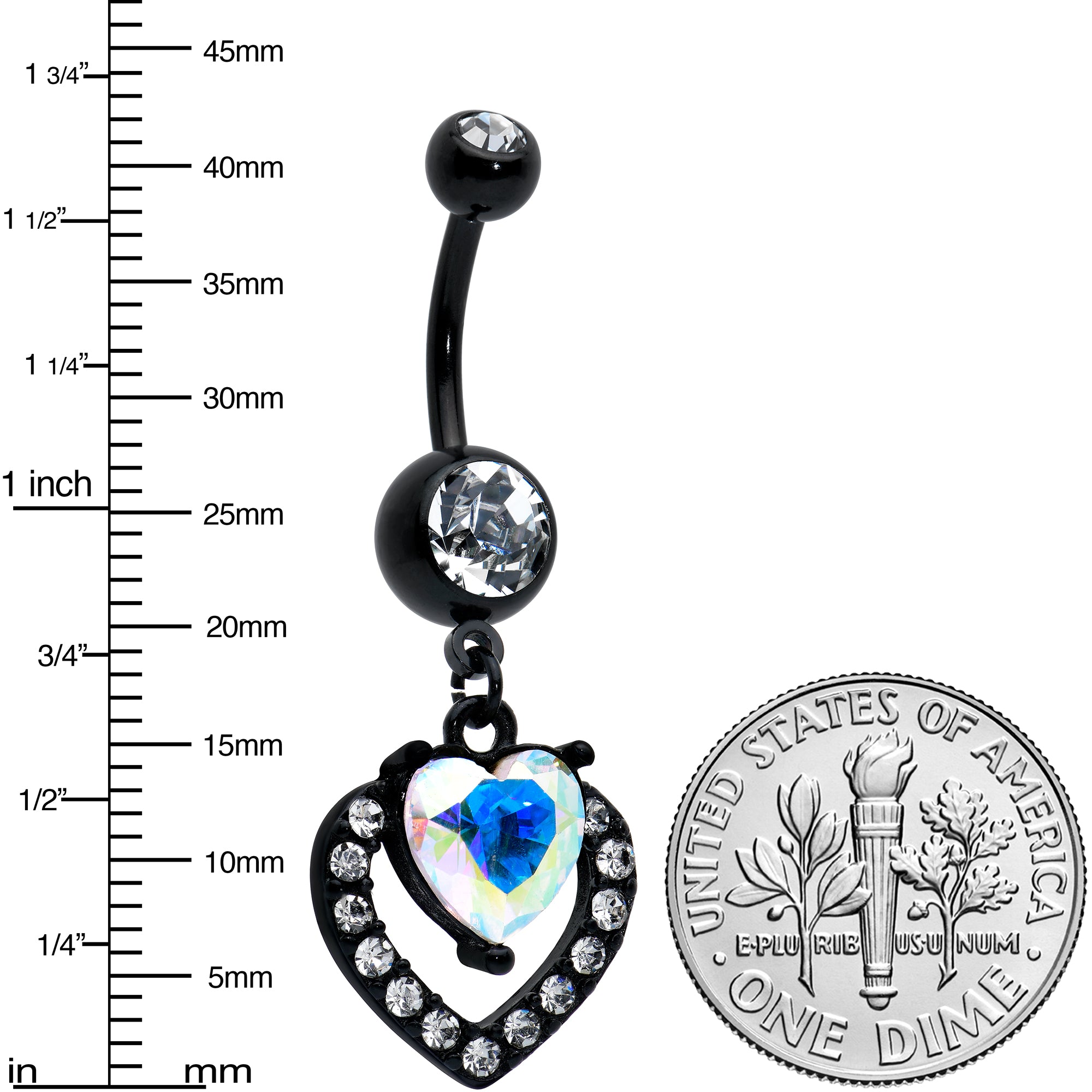 Clear Aurora Gem Black Rococo Heart Dangle Belly Ring