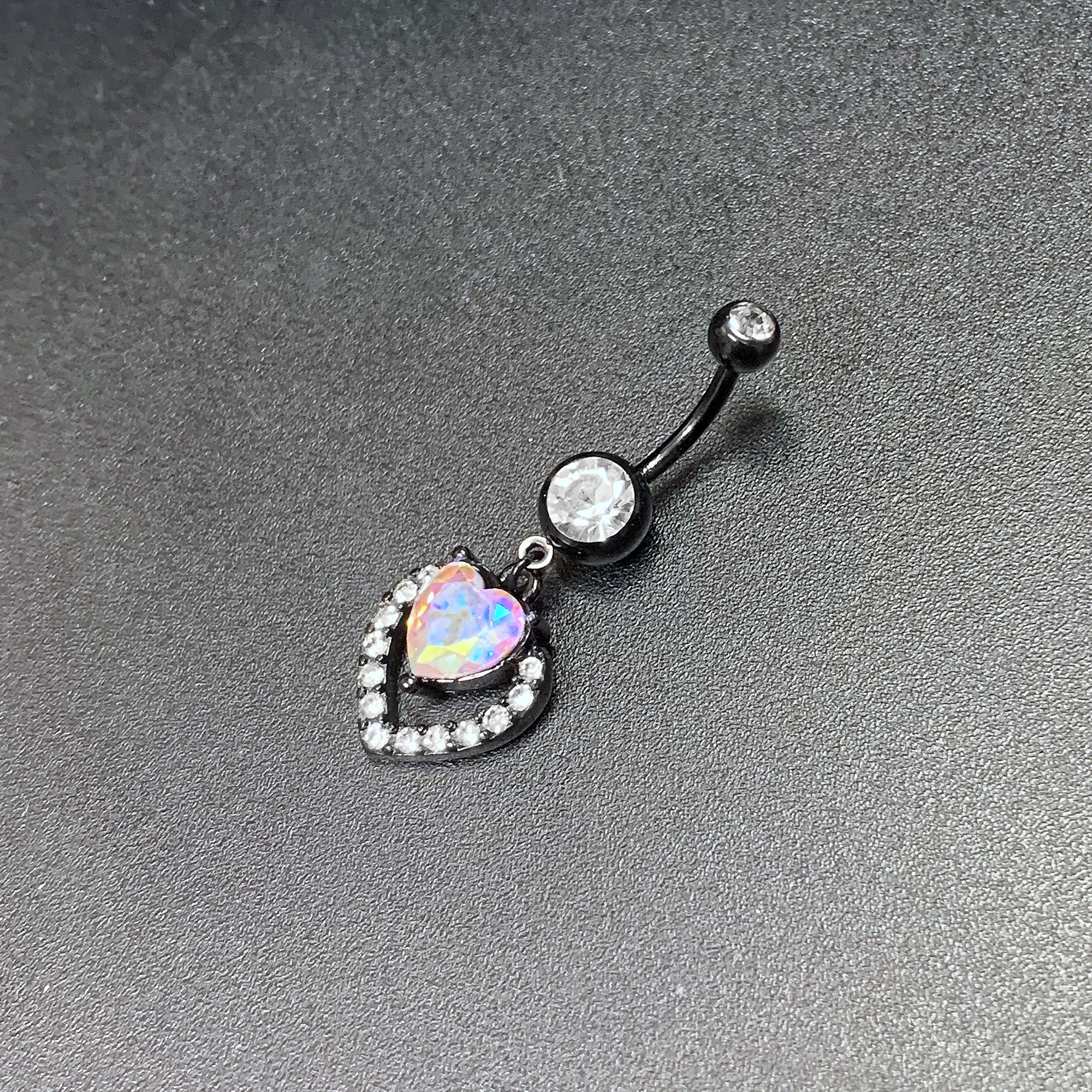 Clear Aurora Gem Black Rococo Heart Dangle Belly Ring