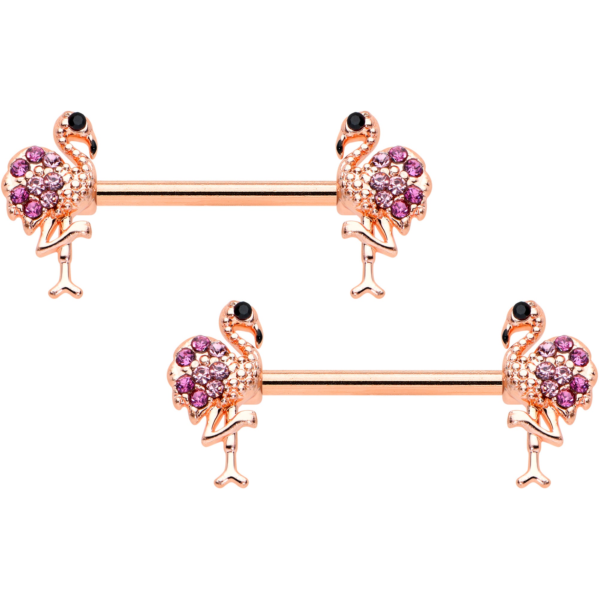 14 Gauge 9/16  Pink Gem Rose Gold Hue Fashion Flamingo Nipple Ring Set