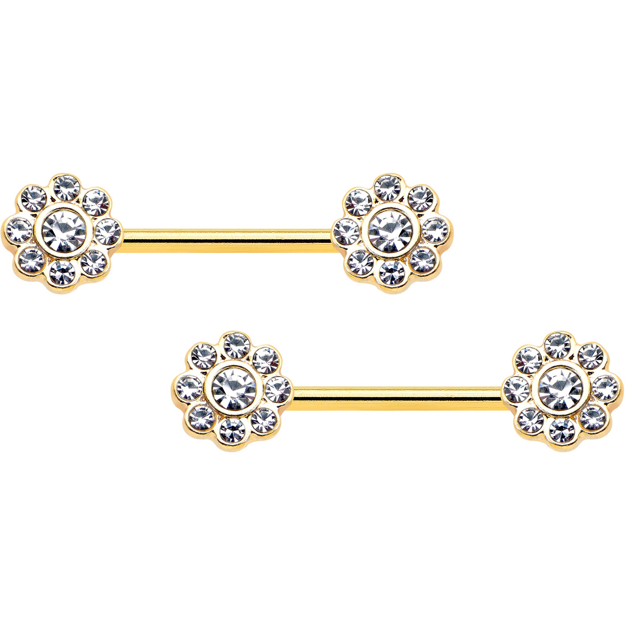 14 Gauge 9/16 Clear Gem Gold Tone Whimsy Flower Barbell Nipple Ring Set