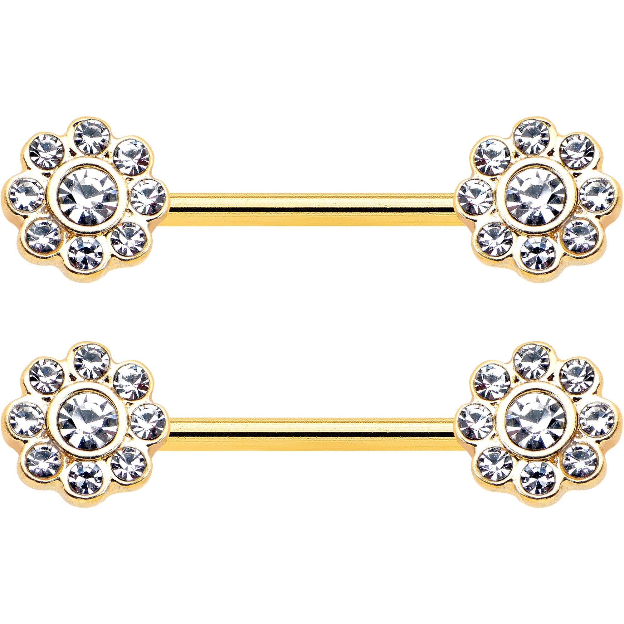 14 Gauge 9/16 Clear Gem Gold Tone Whimsy Flower Barbell Nipple Ring Set