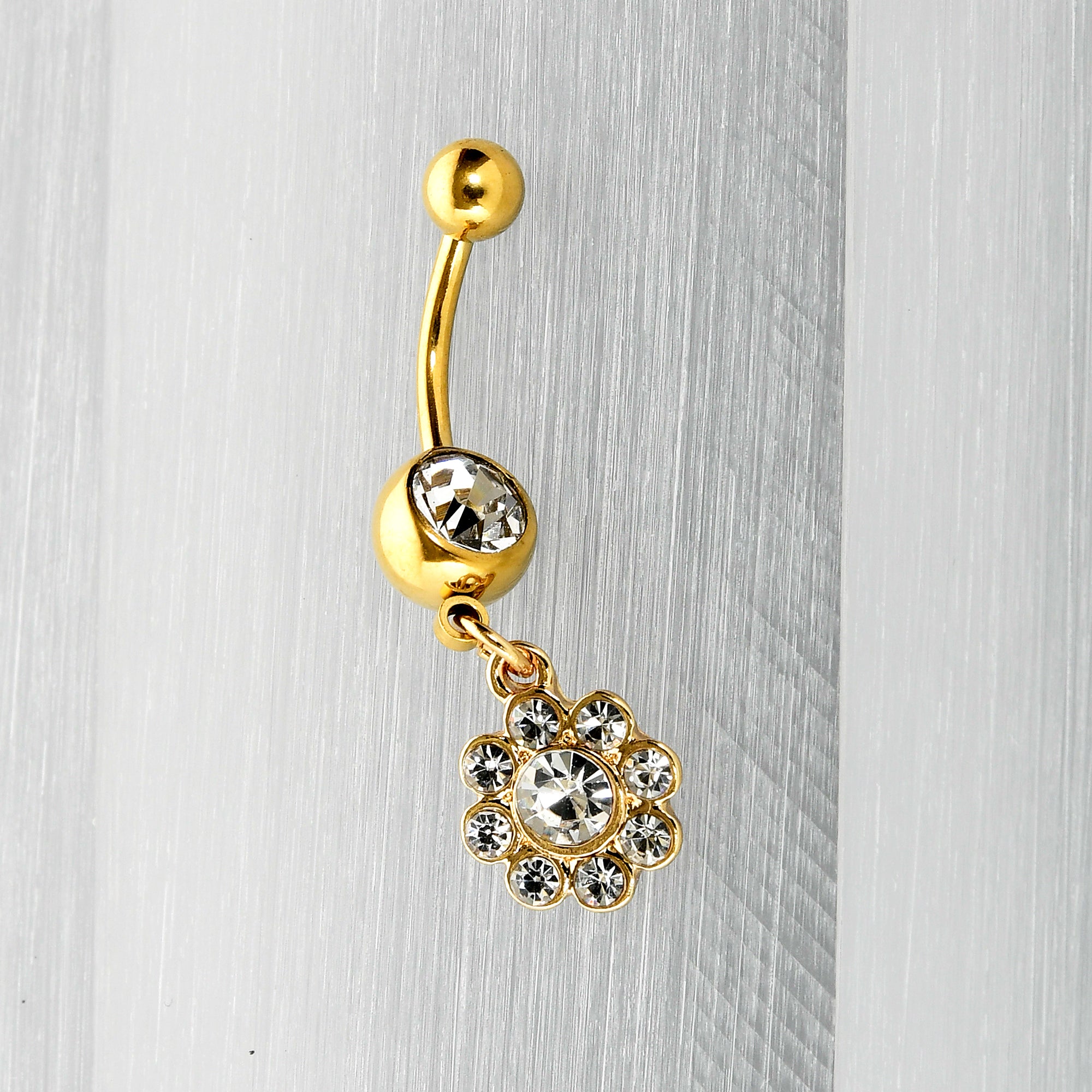 Clear Gem Gold Tone Whimsy Flower Dangle Belly Ring